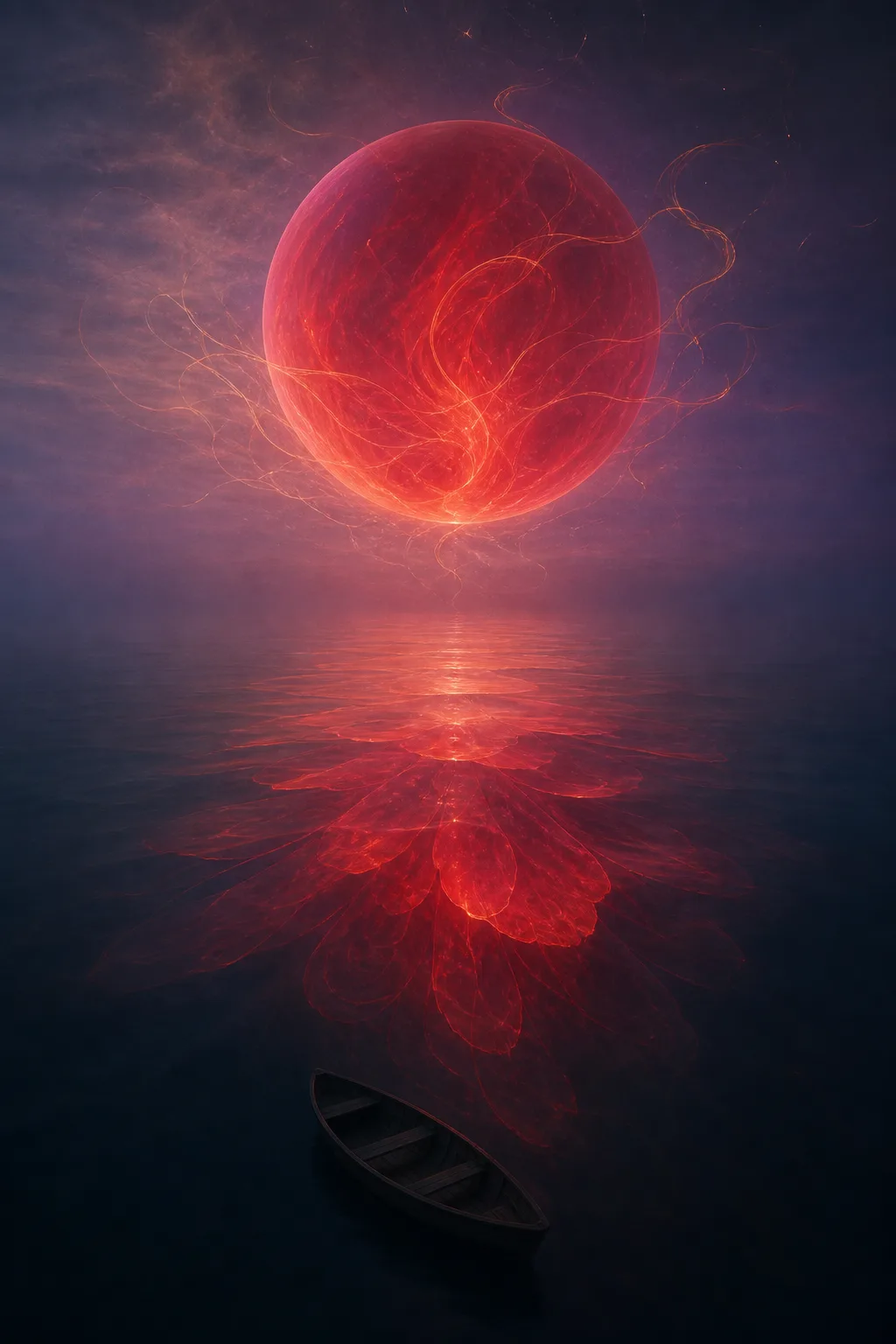 A tall, dreamlike vertical expanse at blue hour: an immense translucent crimson sphere hovers just above …