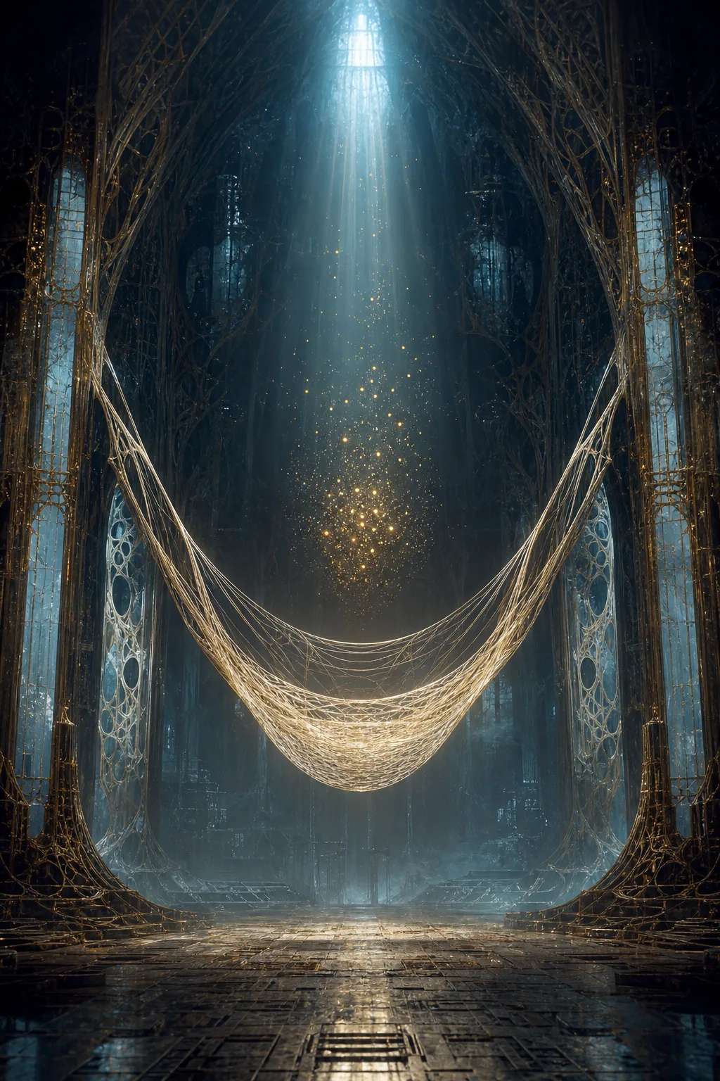 Portrait-oriented surreal fine-art photograph: a vast dark interior shaped like the hollow of an unfinished cathedral, …