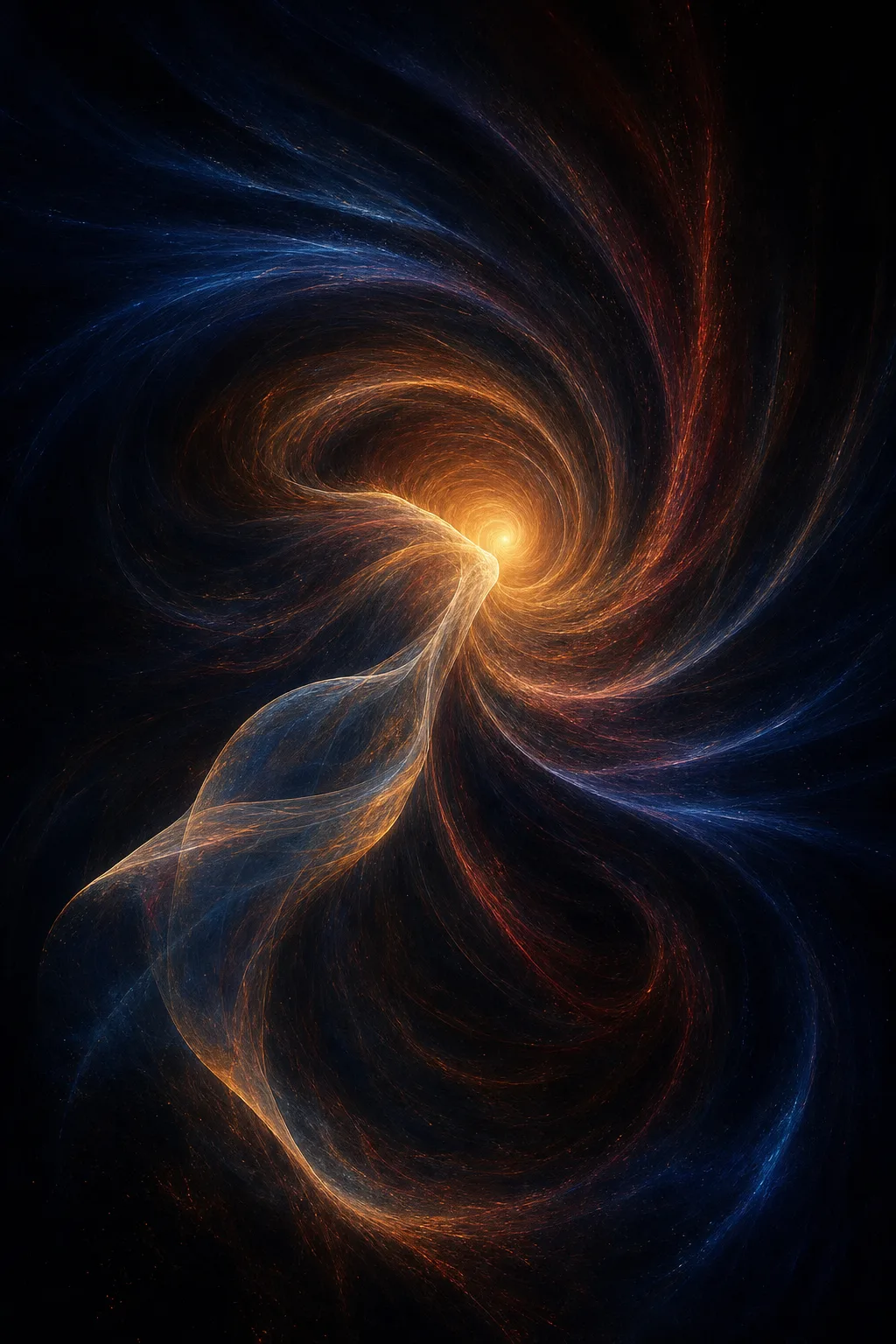 A vertical, portrait-oriented abstract image of a vast midnight field with no horizon, where a silent …