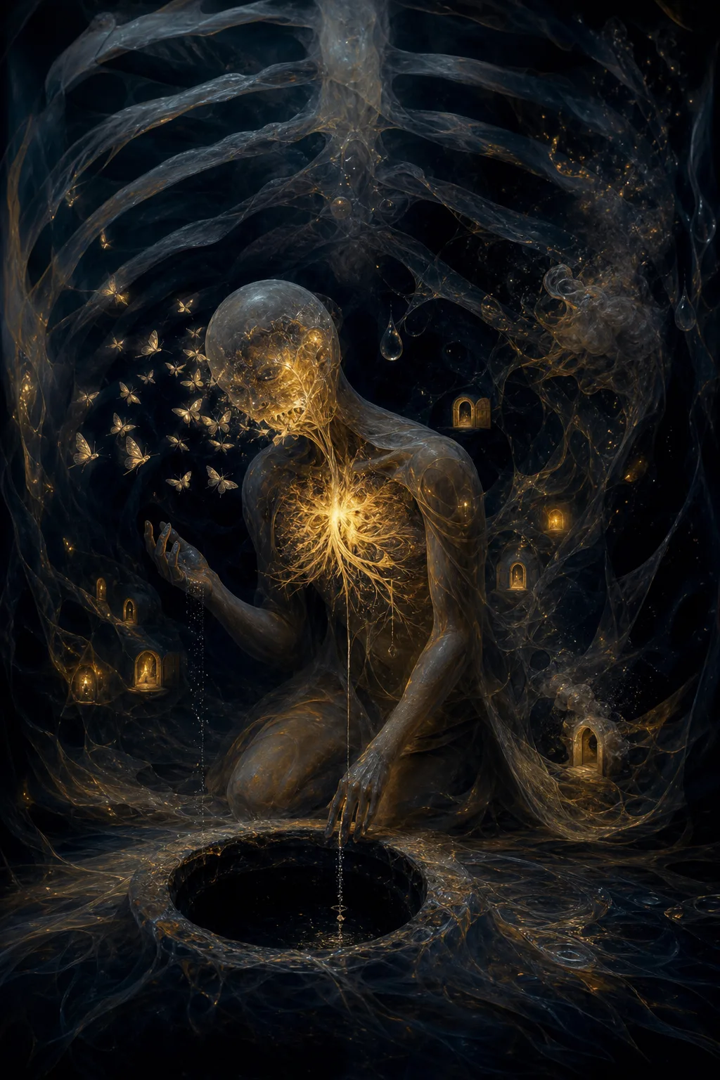 Portrait composition, a vast midnight-blue chamber shaped like a human ribcage, its walls made of translucent …