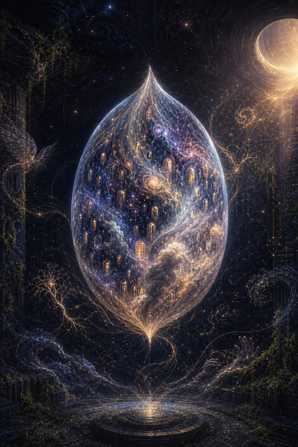 Portrait-oriented surreal fine-art image, a vast inner chamber suspended between darkness and dawn: at its center …
