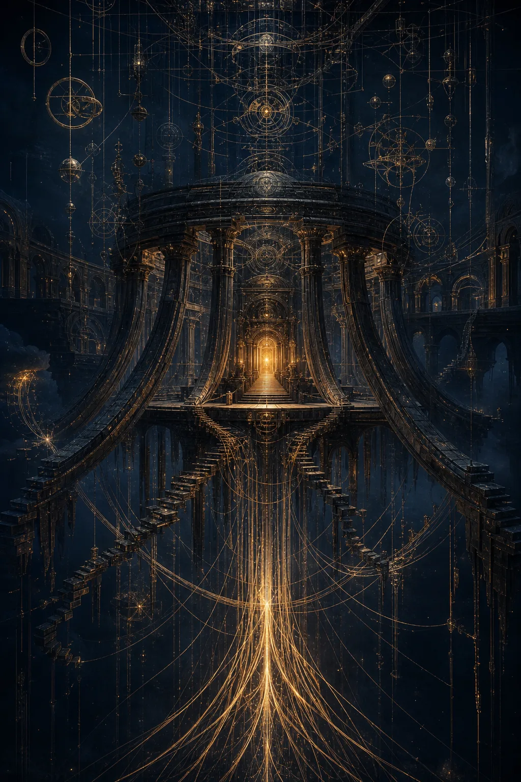 A portrait-format surreal architectural vision: an immense ancient observatory-temple suspended in a midnight-blue void, its foundations …