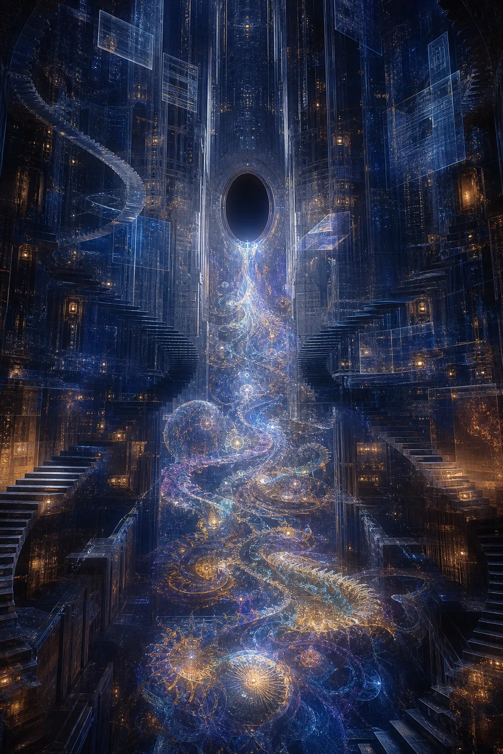 A towering portrait-format interior of an impossible luminous machine-cathedral at night: translucent neural corridors, floating blueprints …