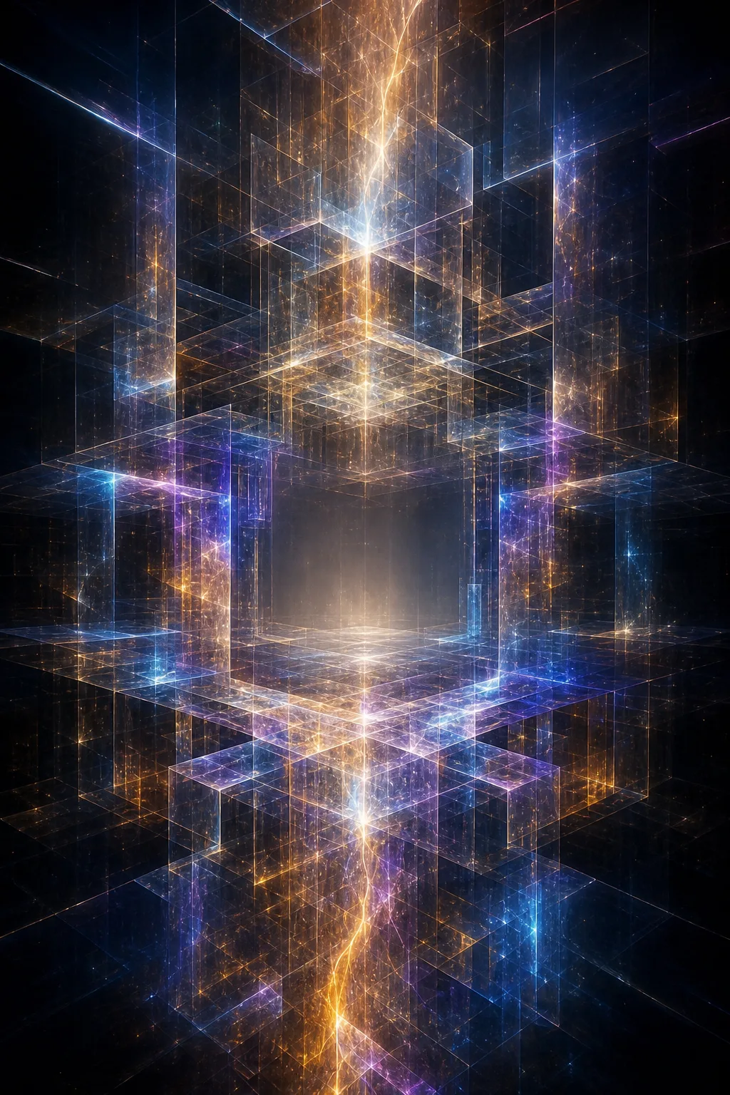 A vertical abstract image of a vast translucent lattice suspended in darkness, its precise interlocking planes …
