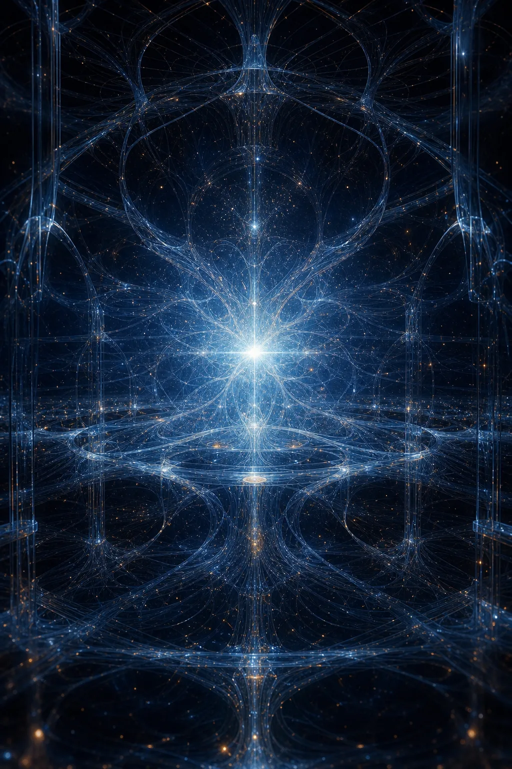 Portrait orientation, an immense quiet library of luminous neural filaments suspended in deep midnight blue, each …