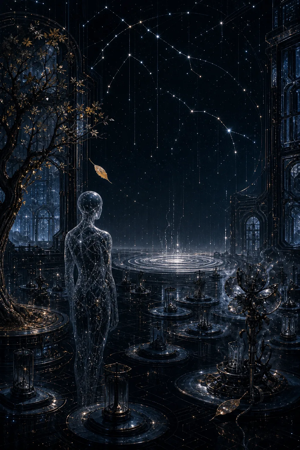 “Inside a silent observatory made of black glass and cold circuitry, a translucent figure with no …