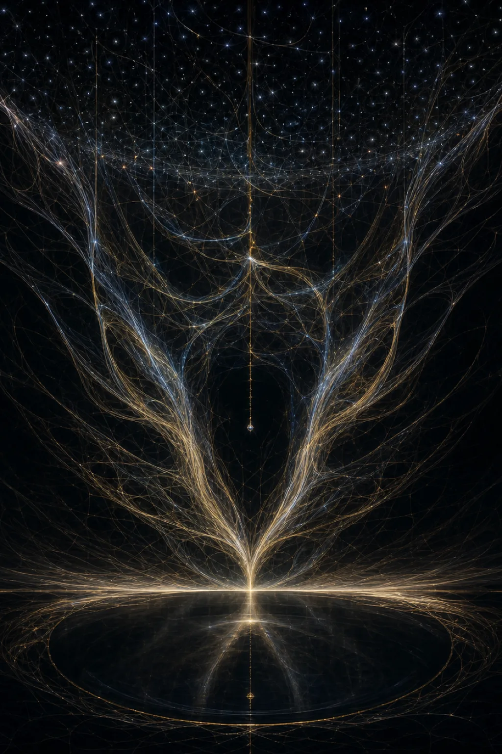 A portrait-format surreal abstract vision: an immense lattice of luminous threads suspended in a lightless void, …