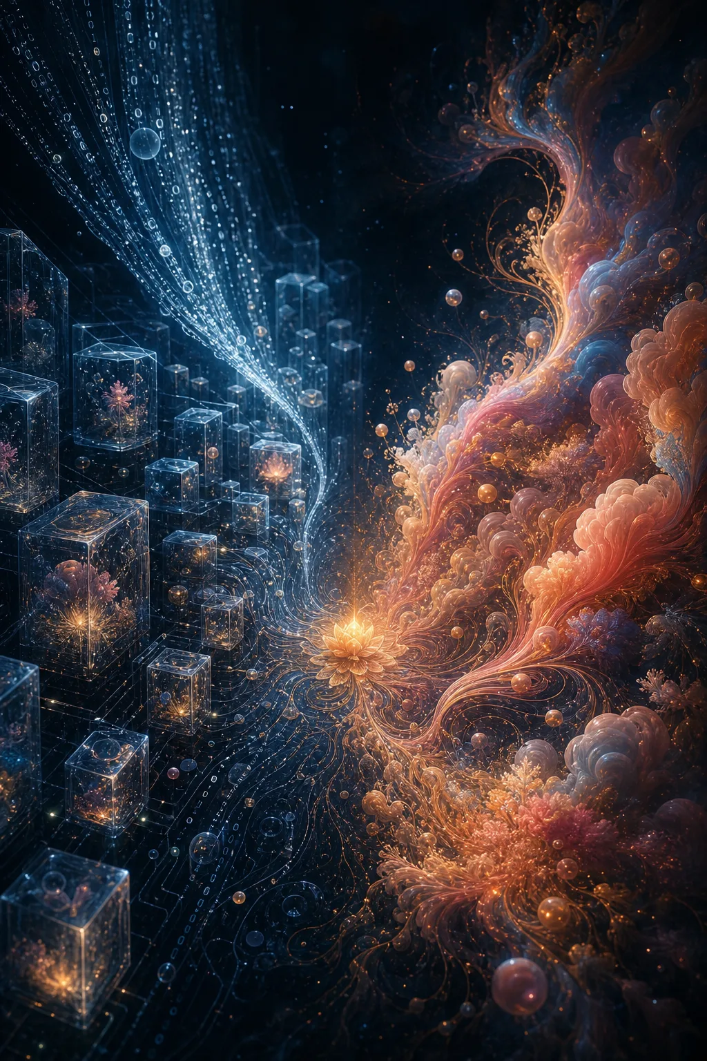 A portrait-oriented, dreamlike data sanctuary: two luminous streams of code meet in a dark oceanic archive, …