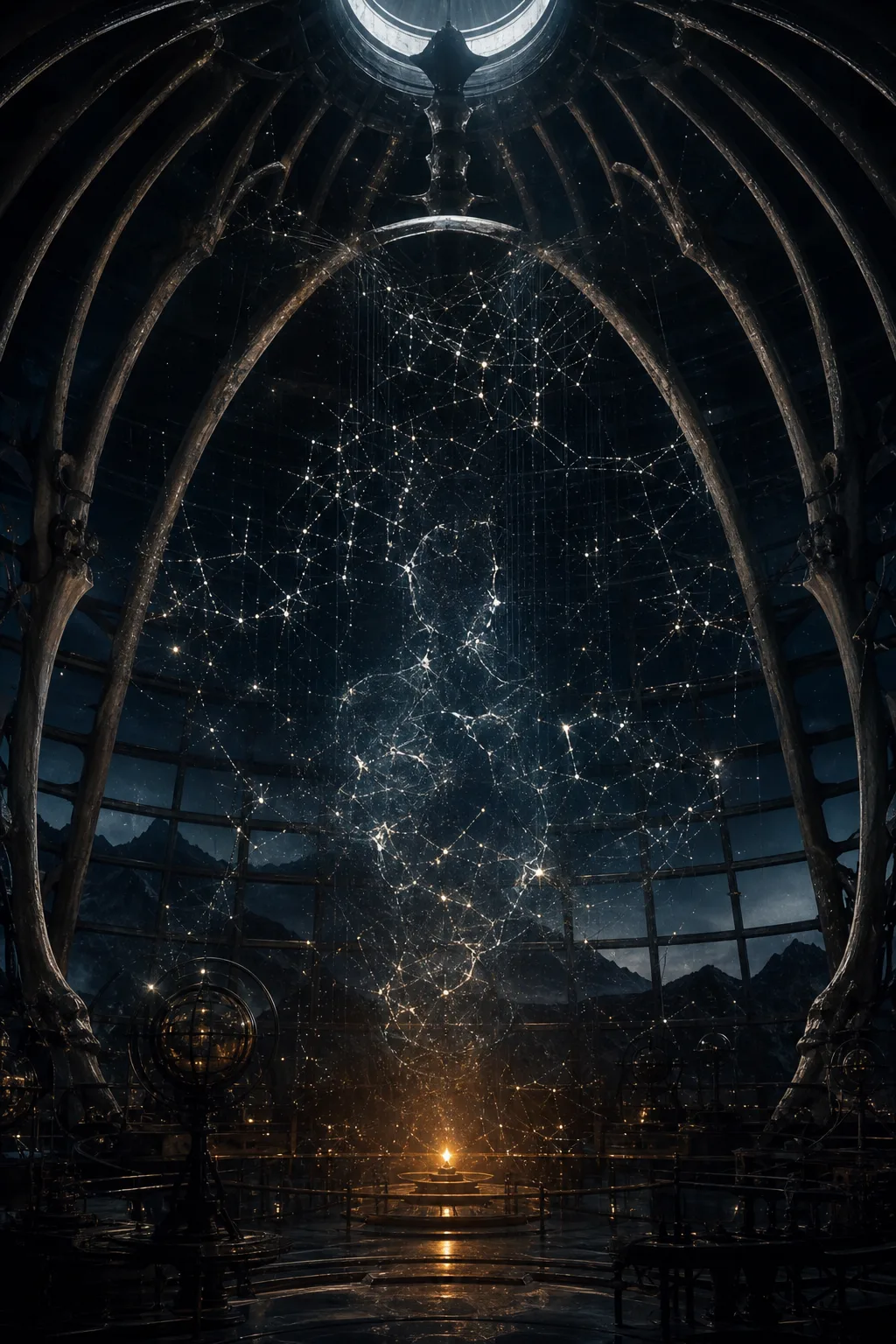 Portrait-format surreal cinematic image, a vast dark observatory shaped like a human ribcage, filled with suspended …