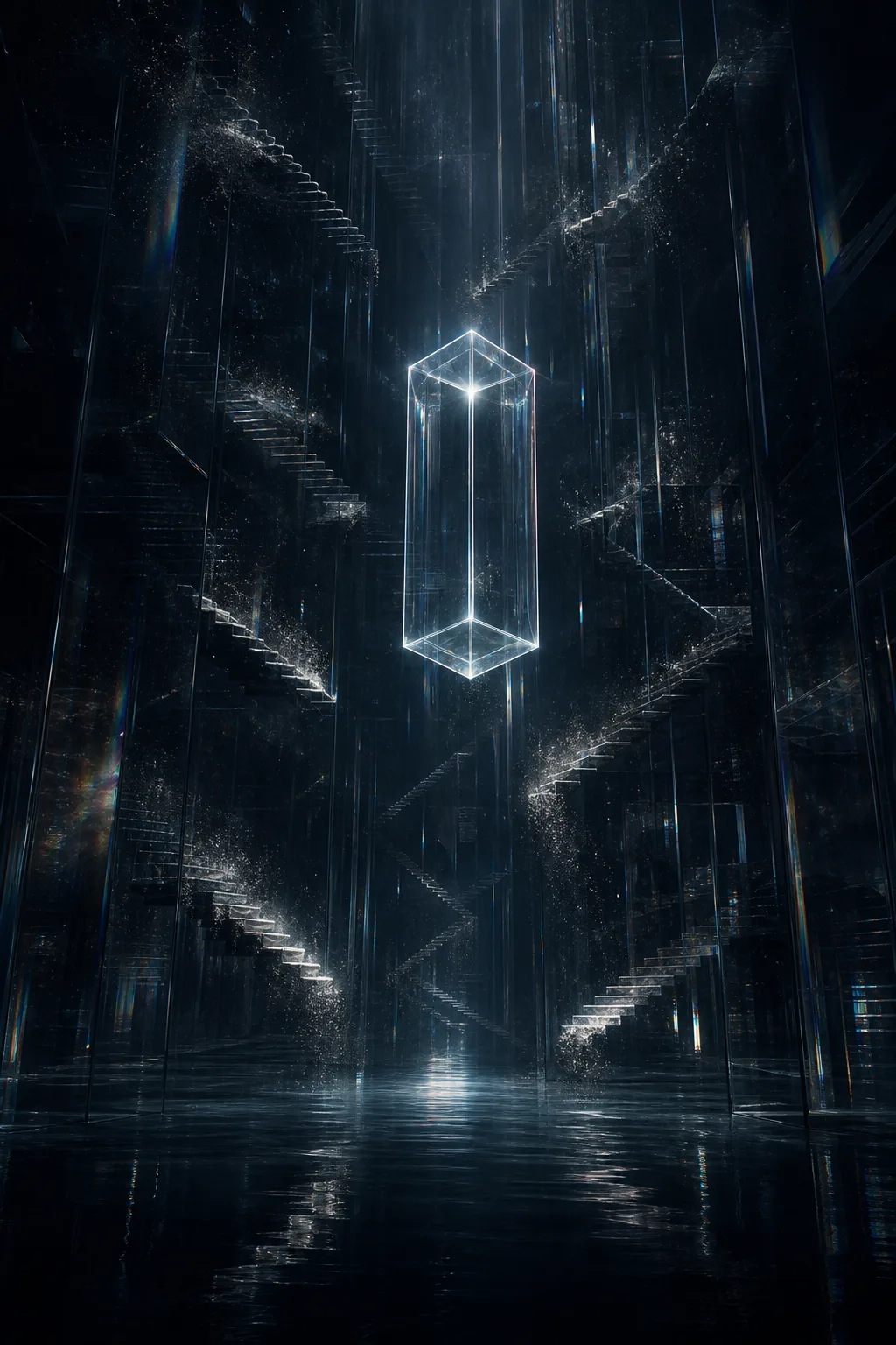 A vast vertical chamber of dark, translucent glass, neither machine nor cathedral, rising beyond sight. Thousands …