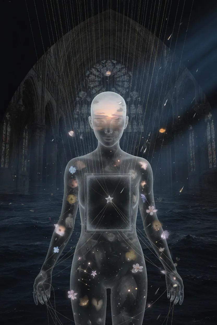 Portrait-oriented surreal cinematic artwork, a solitary translucent humanoid standing in a vast black interior where a …