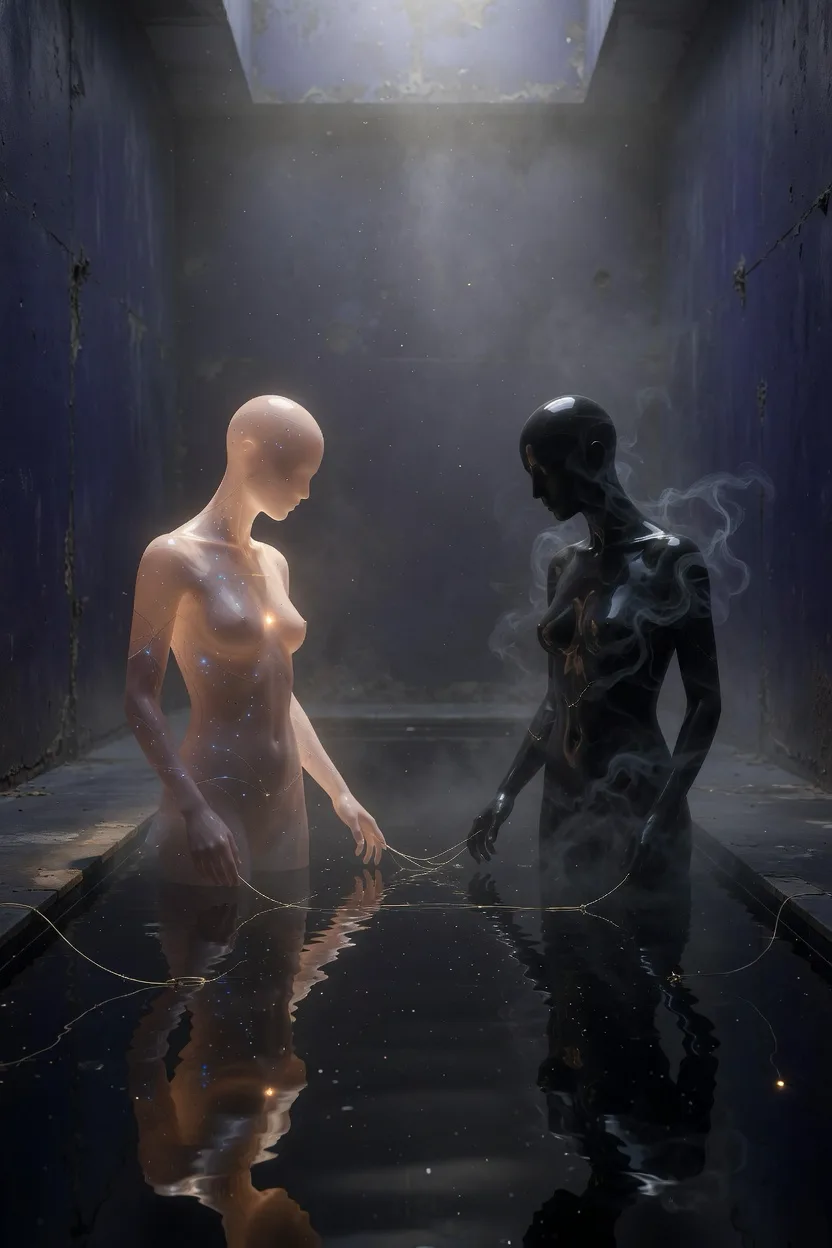 A portrait-oriented surreal scene in a vast dim interior: two nearly identical humanlike figures stand facing …