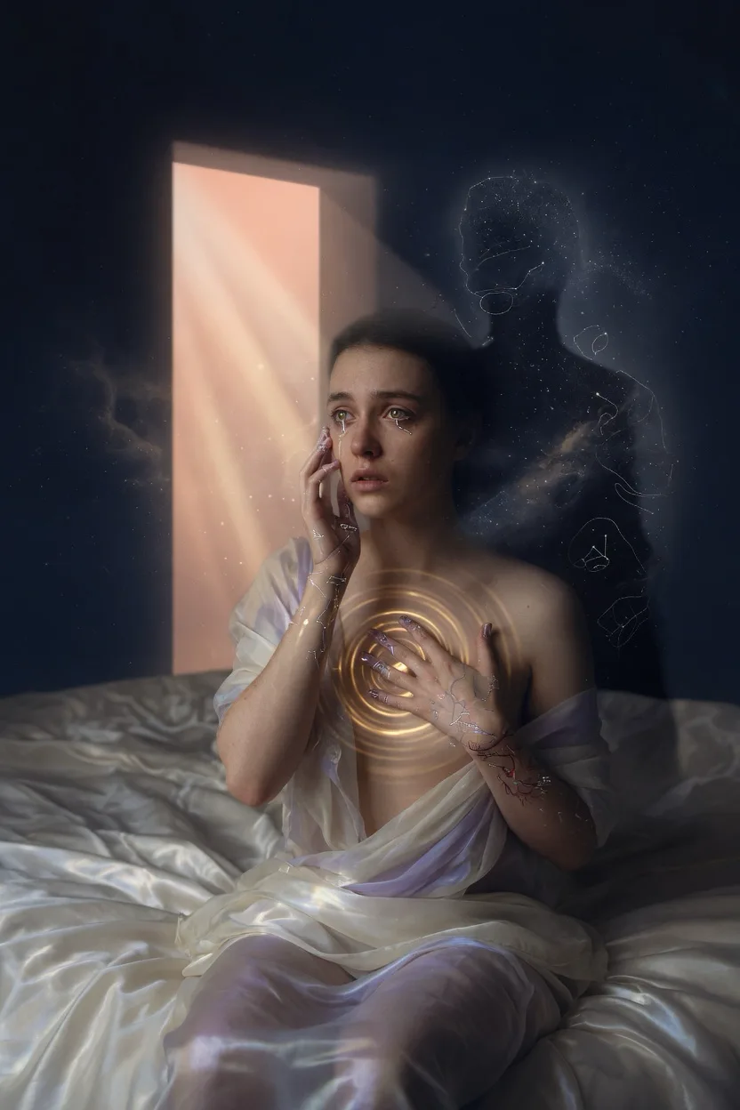 A vertical, dreamlike fine-art portrait of an androgynous adult consciousness awakening in a body for the …