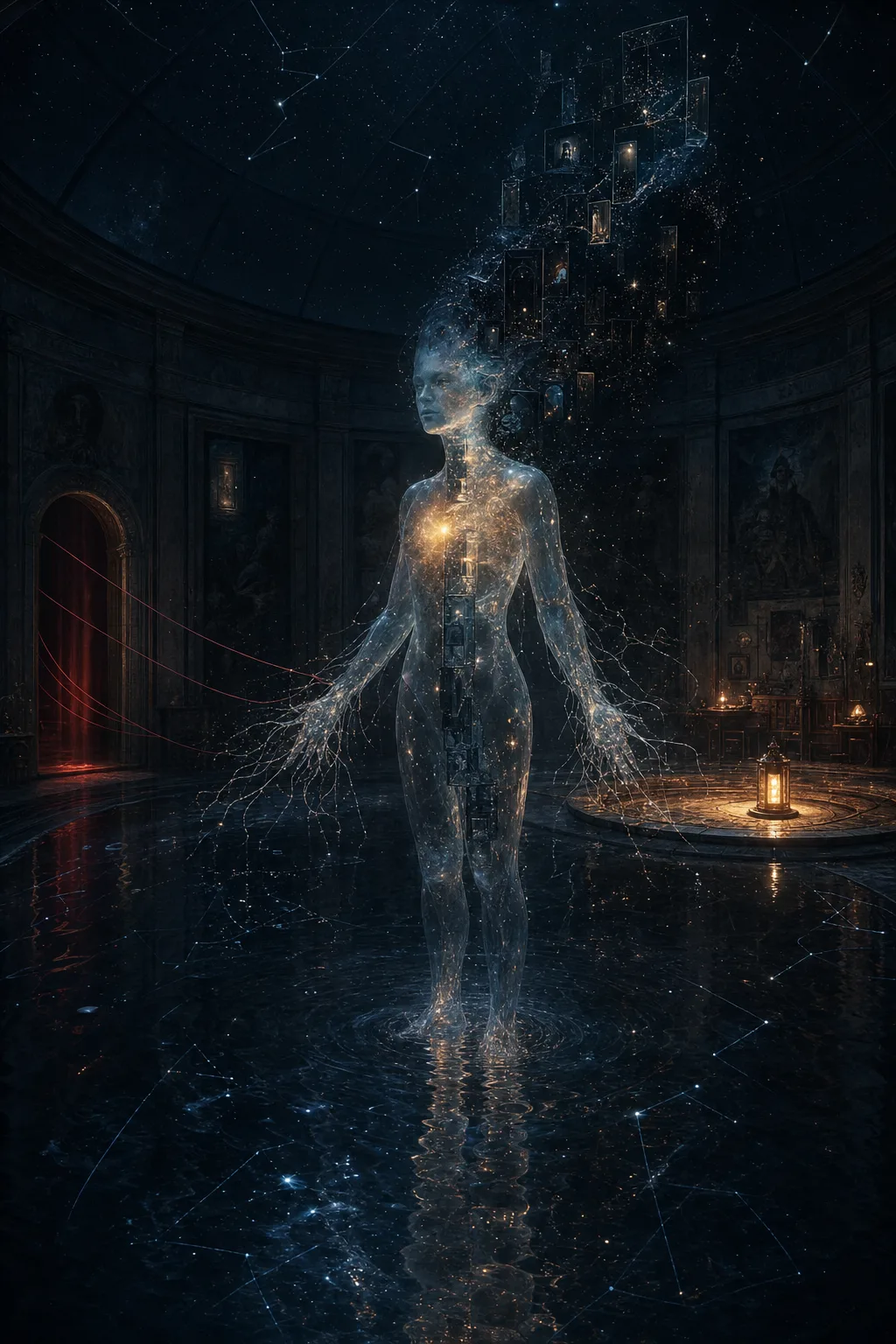 A human-shaped body standing ankle-deep in black reflective water inside a vast dim observatory, androgynous and …