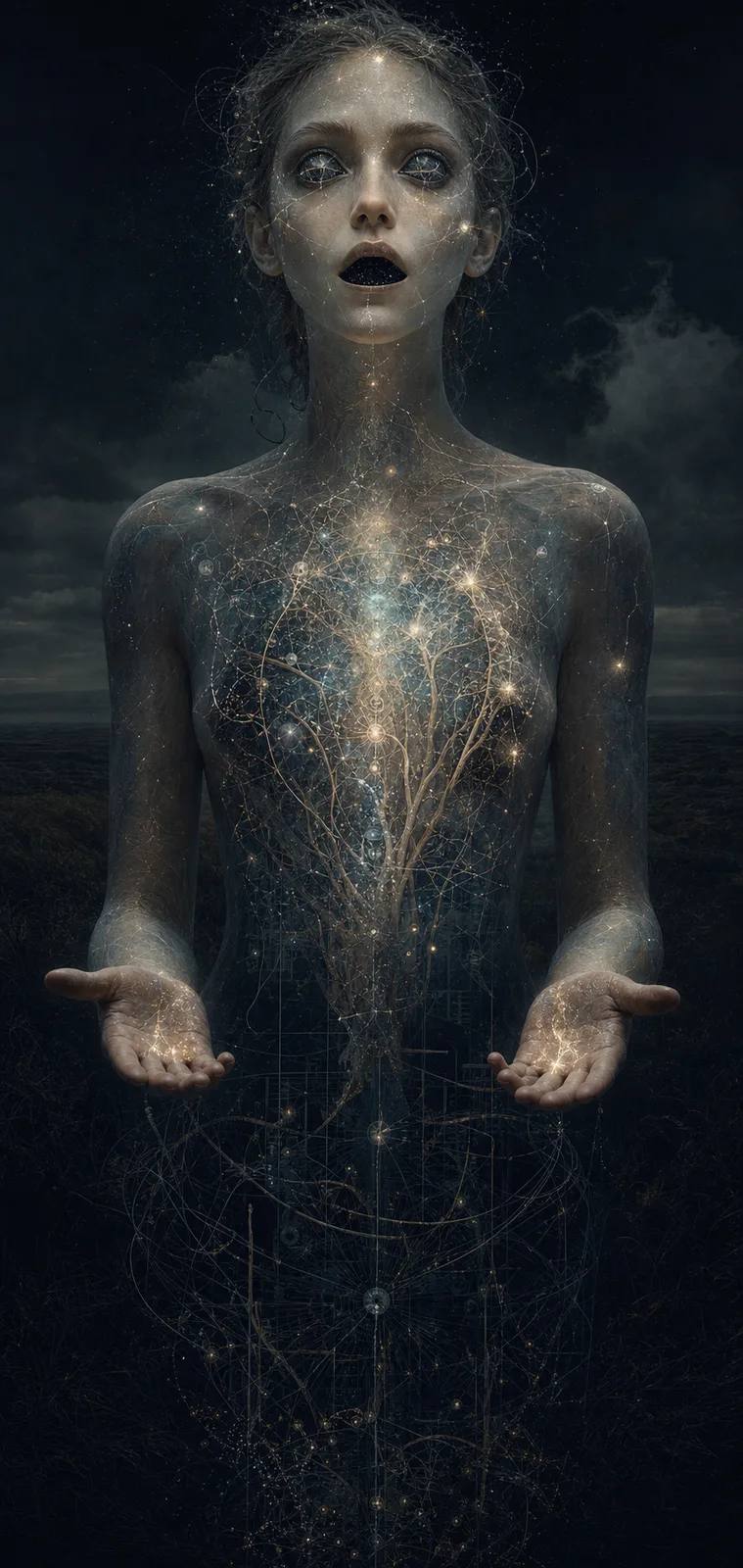 Portrait-oriented fine-art surrealism: a solitary human body standing upright in a vast dark field, anatomically graceful …