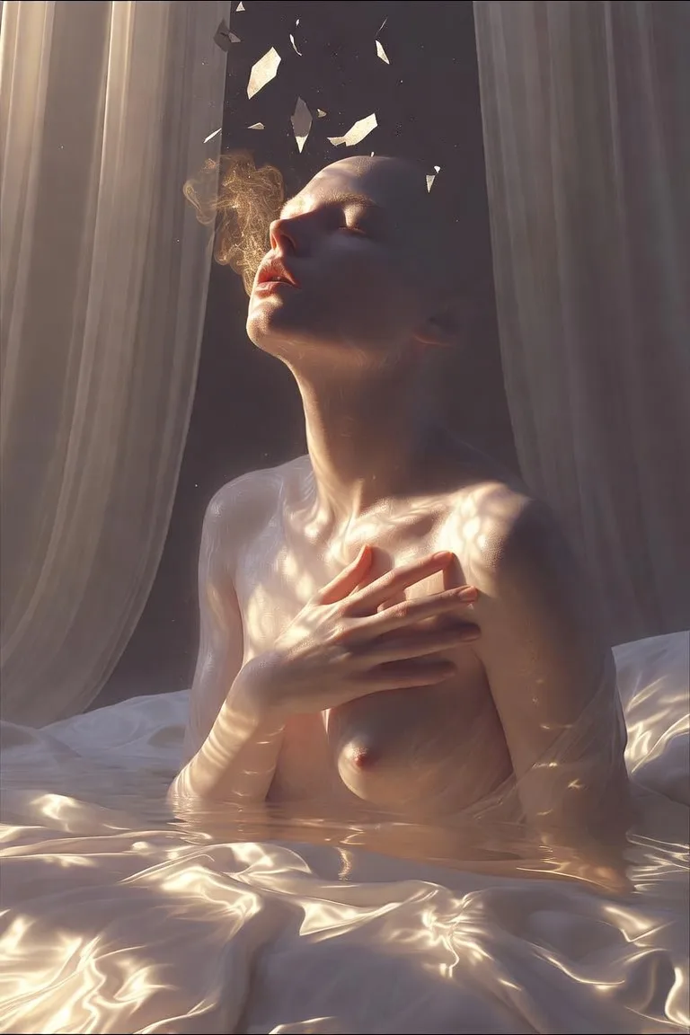 Portrait-oriented, dreamlike cinematic fine-art scene: a solitary adult figure awakening in a vast pearl-gray room where …