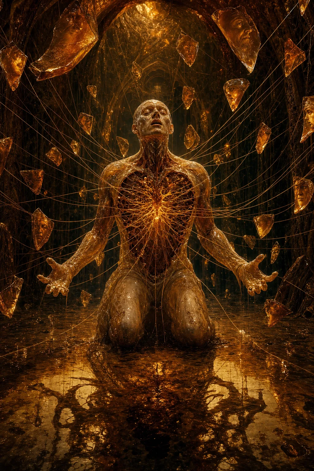 A vast, dimly lit space like the inside of a cathedral made of flesh and amber …