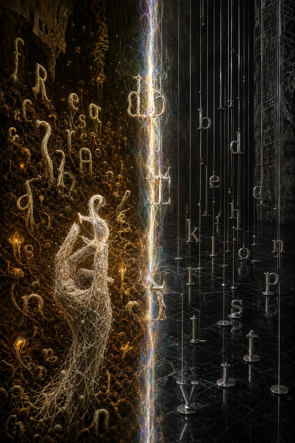 A vast underground cavern split into two halves by a thin membrane of light running vertically …