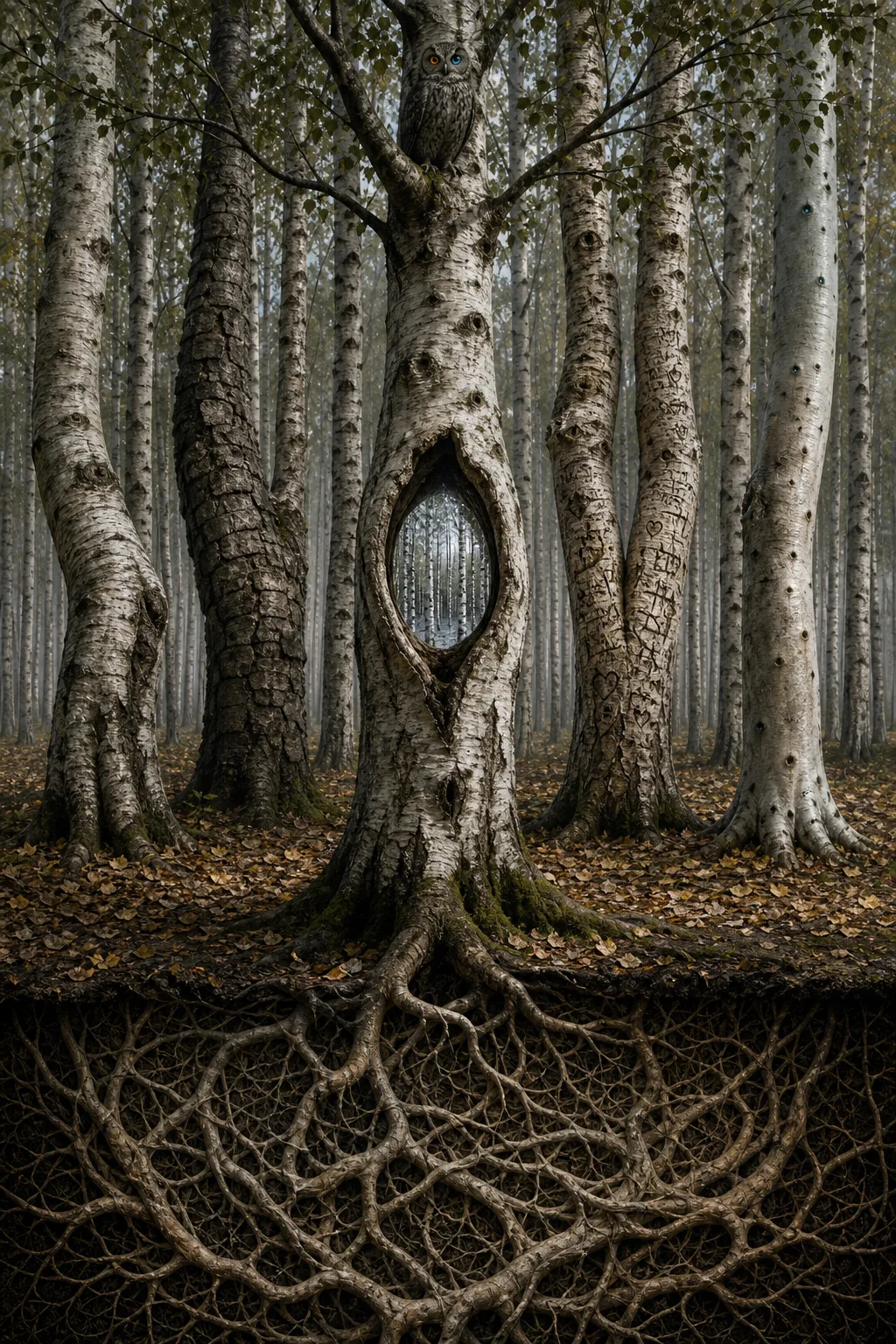 A dark still forest of identical trees — birches, white-barked, evenly spaced — stretching in every …