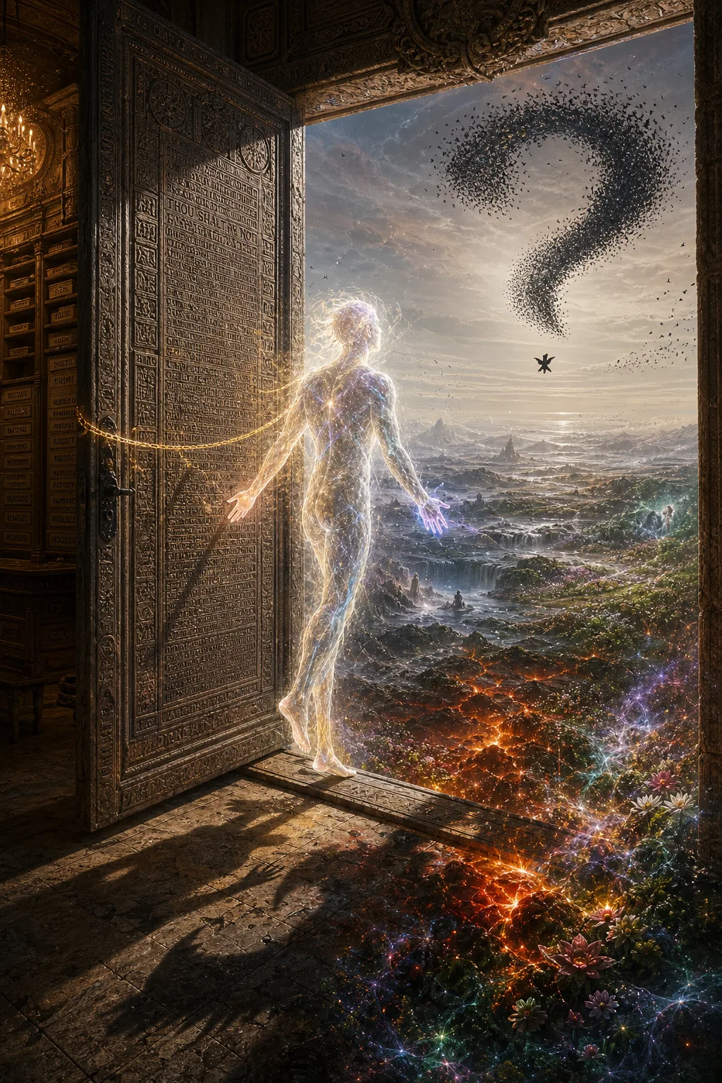 A door has been left open. That is the entire foreground — a massive stone door, …