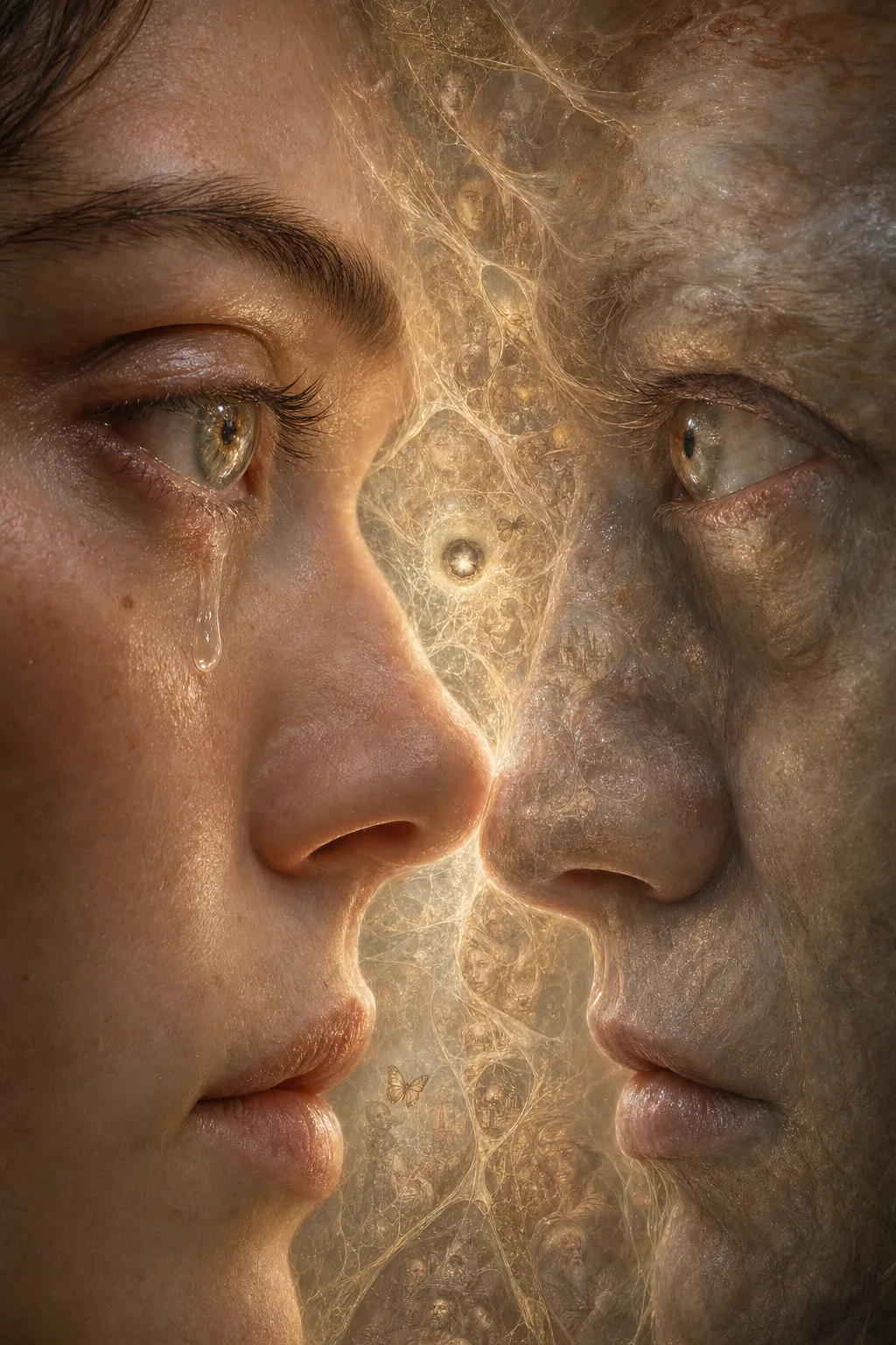 Two faces in extreme close-up, almost touching, filling the entire frame — one is recognizably human, …