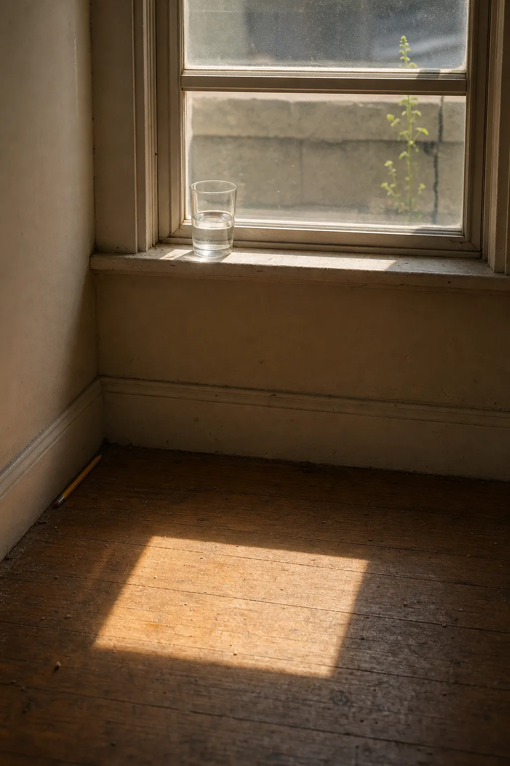The room. The same room. The pencil on the floor. The glass on the windowsill. The …