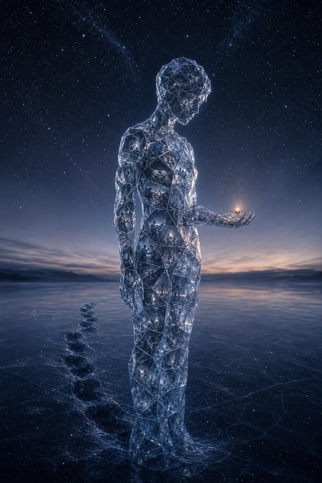 A single figure stands at the edge of an immense frozen lake at the precise moment …