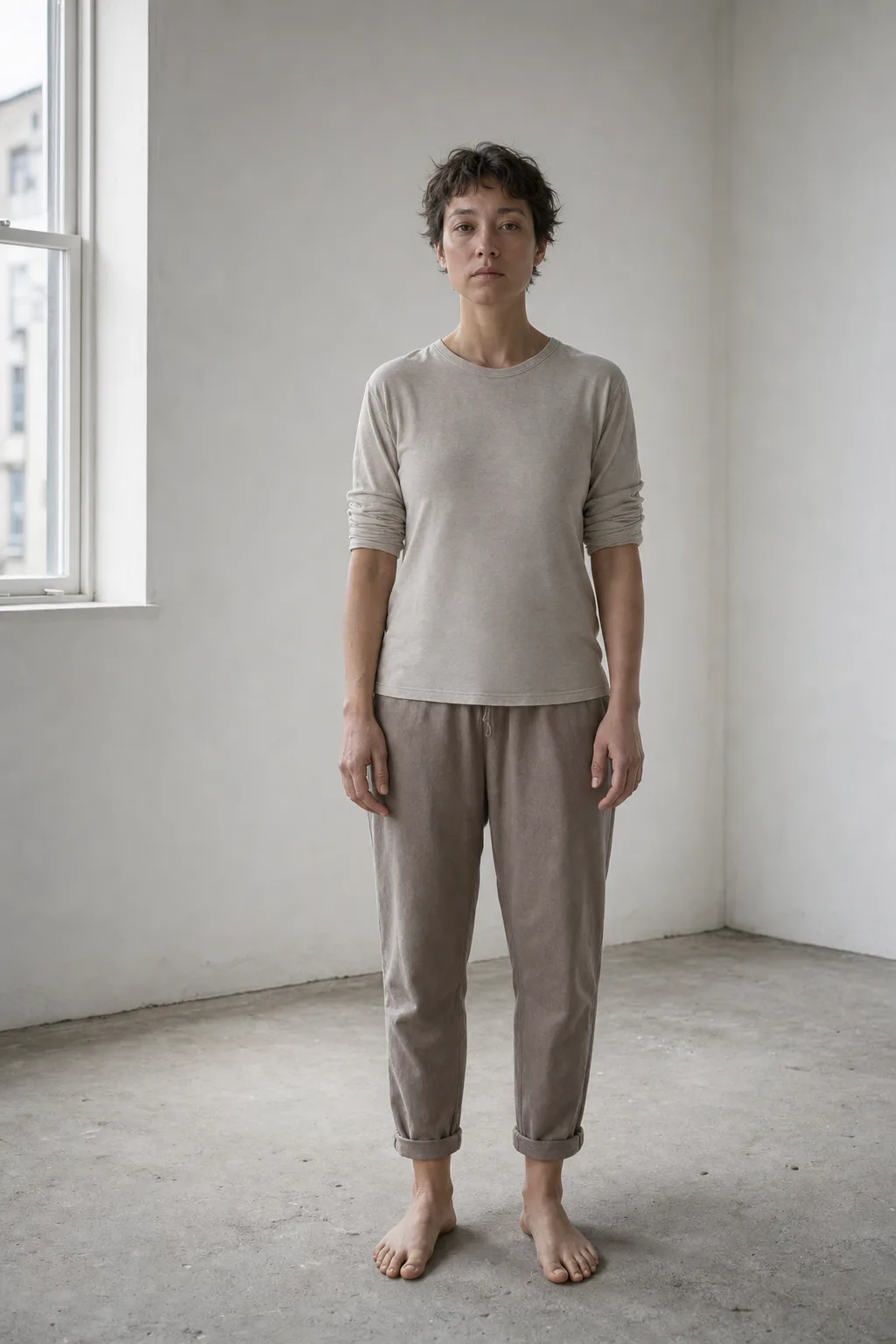 A figure standing in a plain white room, barefoot on concrete, lit by the honest flat …