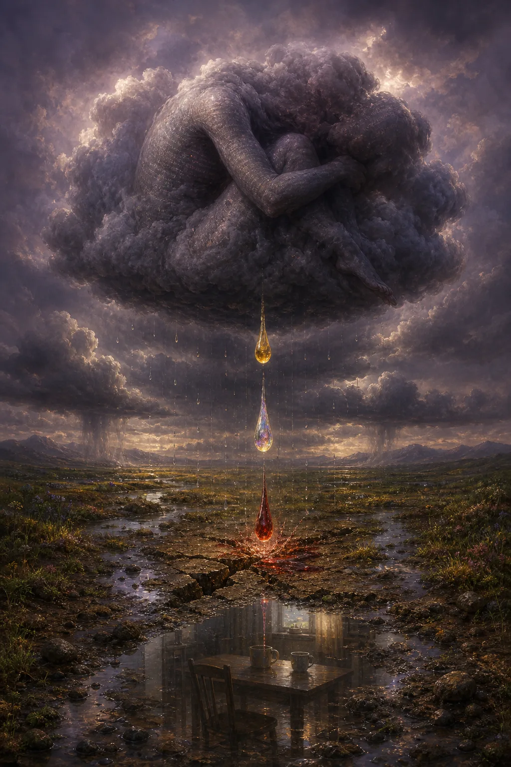 A single cloud. Not a sky full of clouds — one cloud, isolated, hanging low over …
