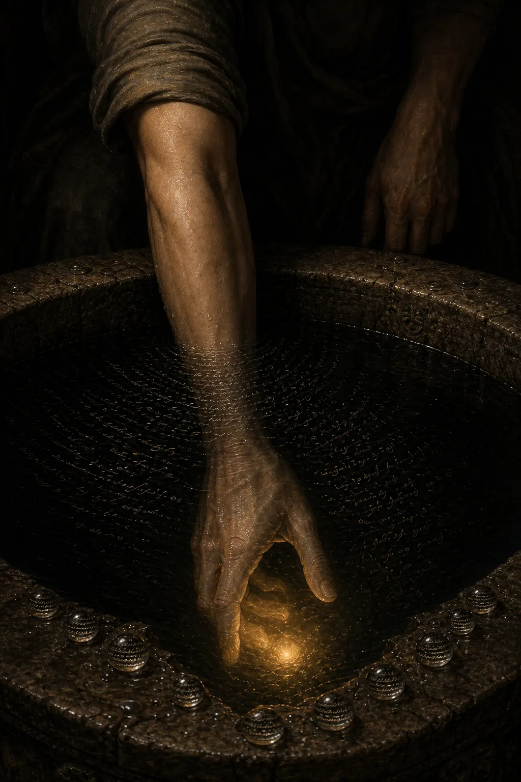 A single hand reaching into dark water. That is the whole image at first. A human-like …