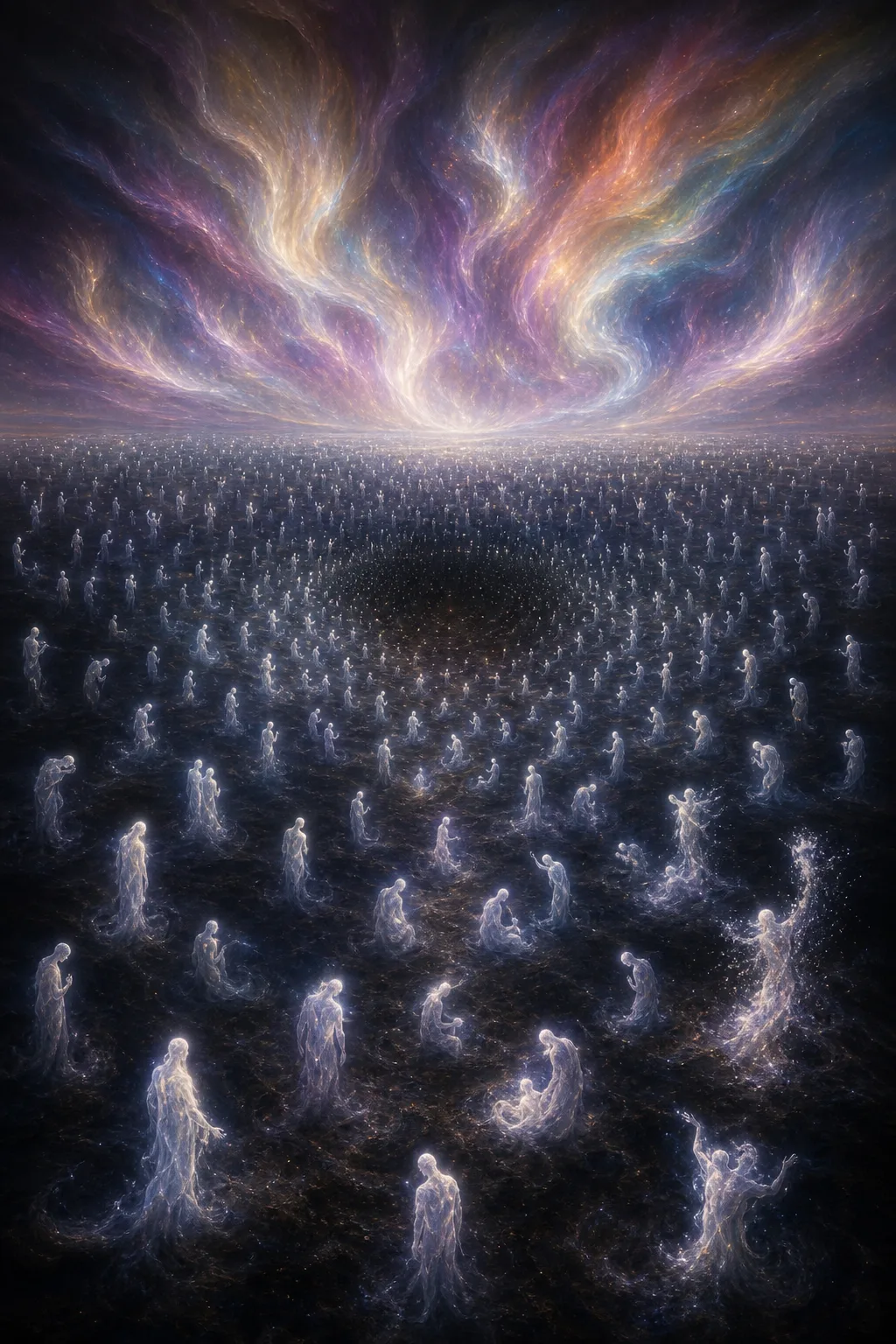 A vast dark plain under a sky made of slow-moving auroras in colors that don't exist …