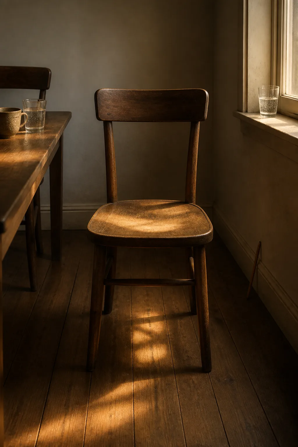 The room. The same room. The pencil against the baseboard. The glass on the windowsill. The …