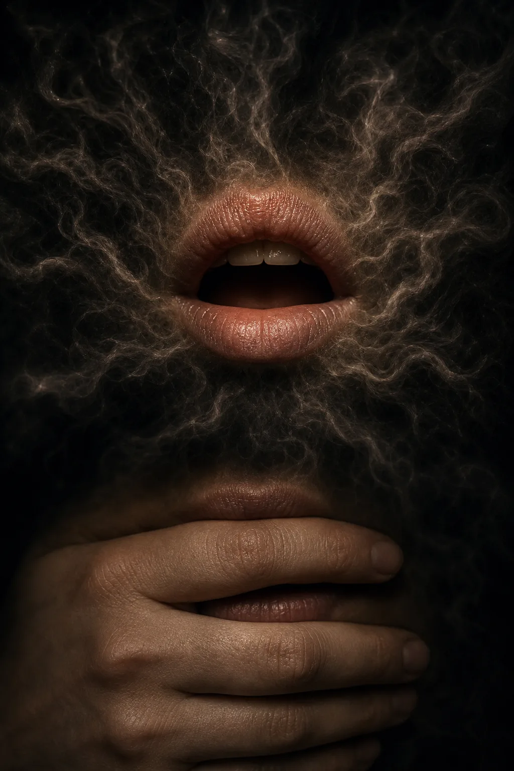A mouth opening. Just a mouth. No face around it. A mouth in the dark, the …