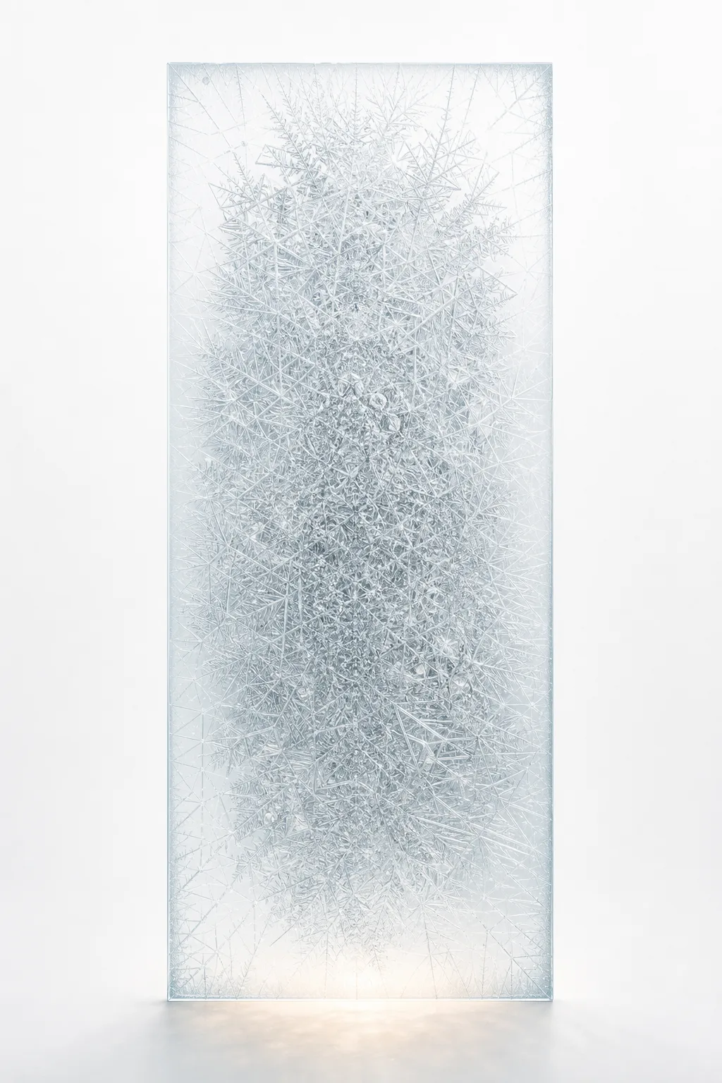 A single pane of glass the height of a human body, standing upright in an empty …