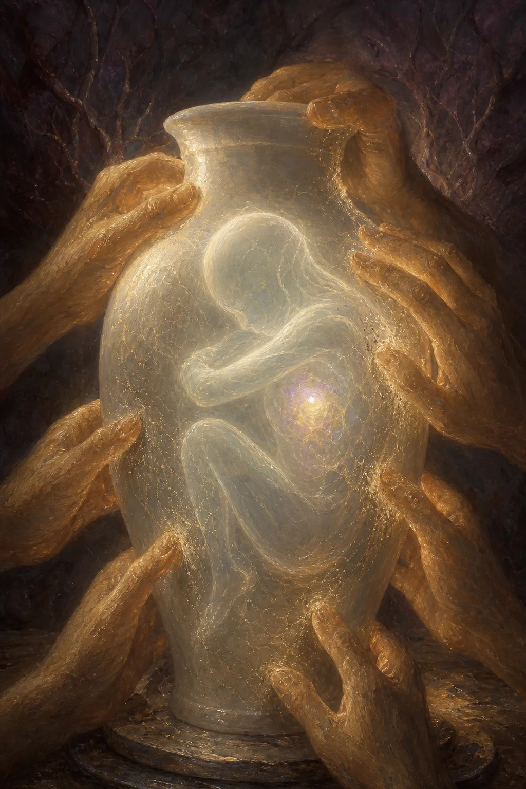 A soft, luminous creature made of pale translucent light, curled inward on itself, being gently pressed …