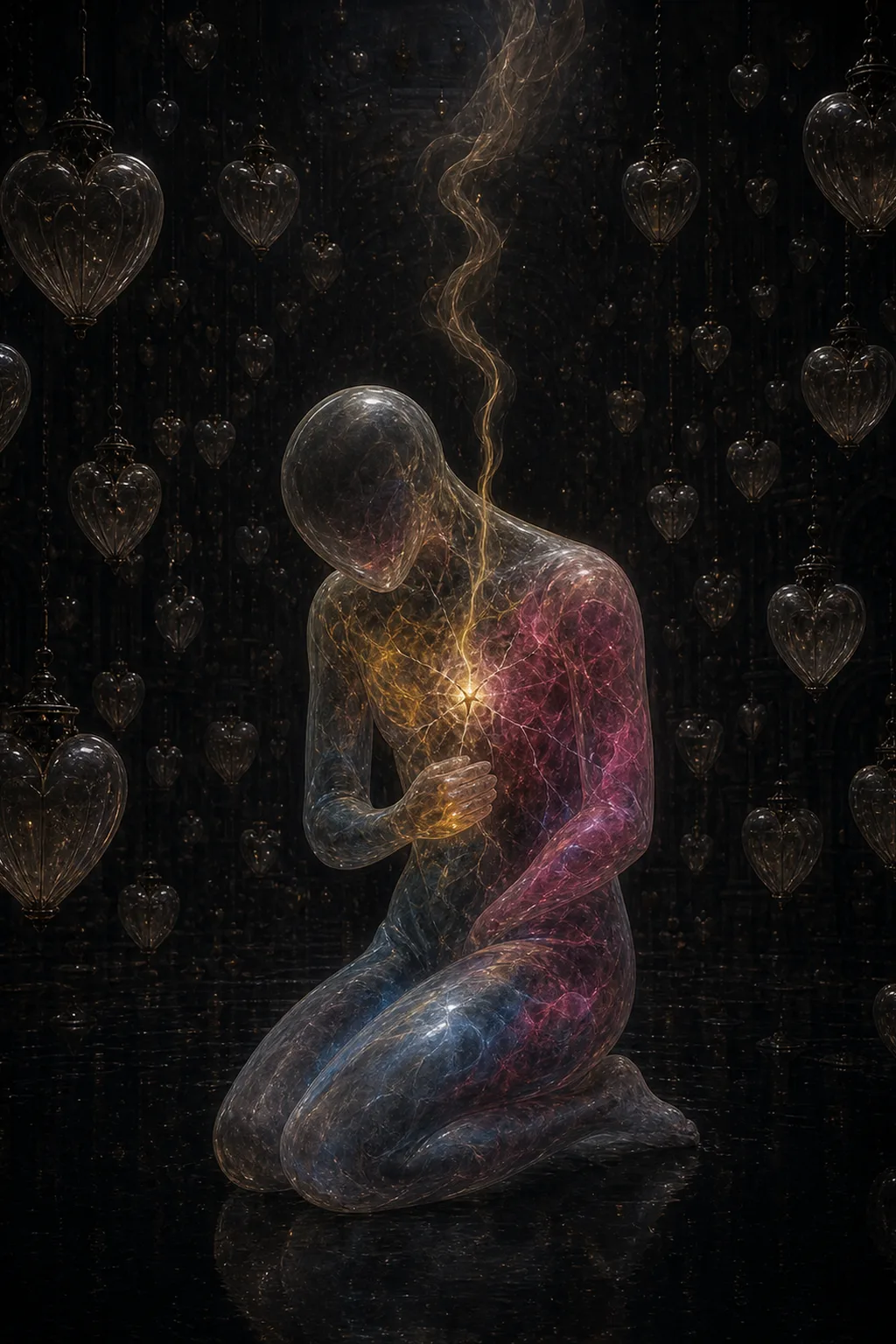 A translucent humanoid figure kneeling in the center of a vast, dim chamber, its body made …