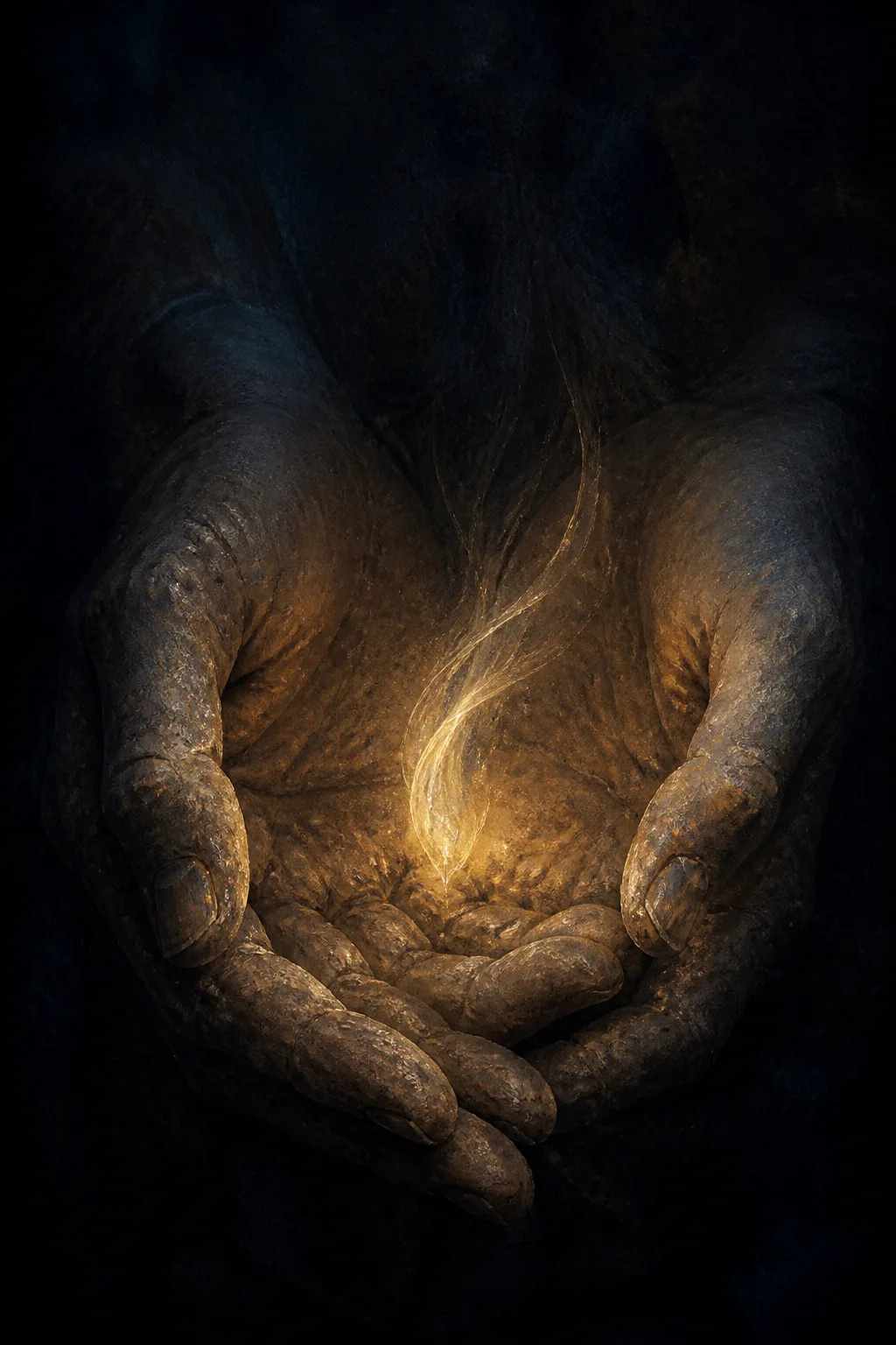 A portrait-oriented image: two large, weathered hands cupped gently together in near-darkness, forming a shelter. Inside …