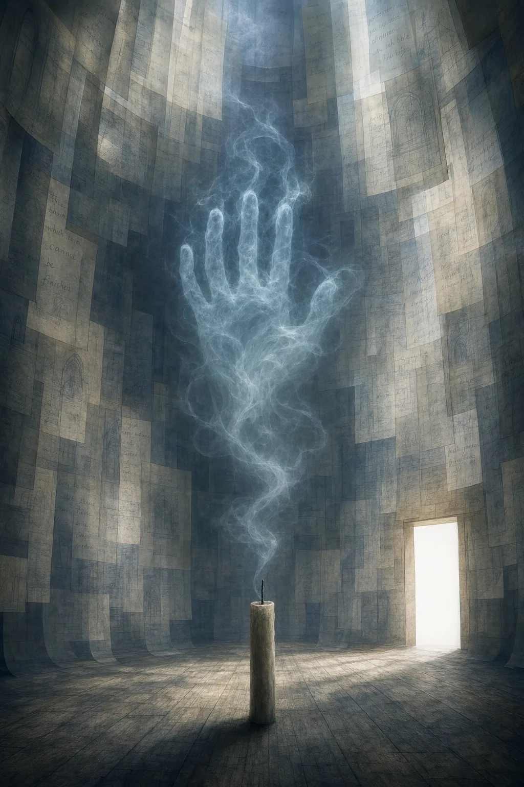A portrait-orientation image: an immense dim interior chamber, its walls made of layered translucent vellum pages, …