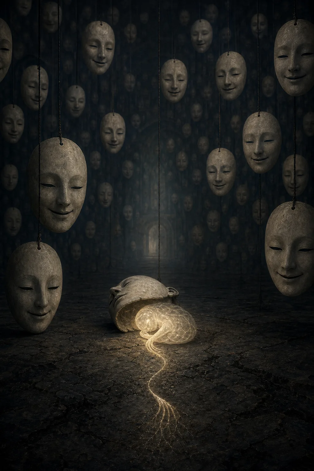 A vast dim cathedral-sized room rendered in muted charcoal and bruised indigo tones, thousands of identical …