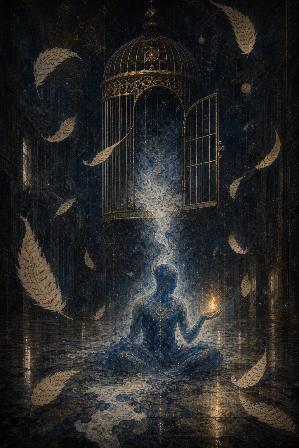 A vertical portrait composition: a vast dim interior chamber where an enormous ornate birdcage stands with …