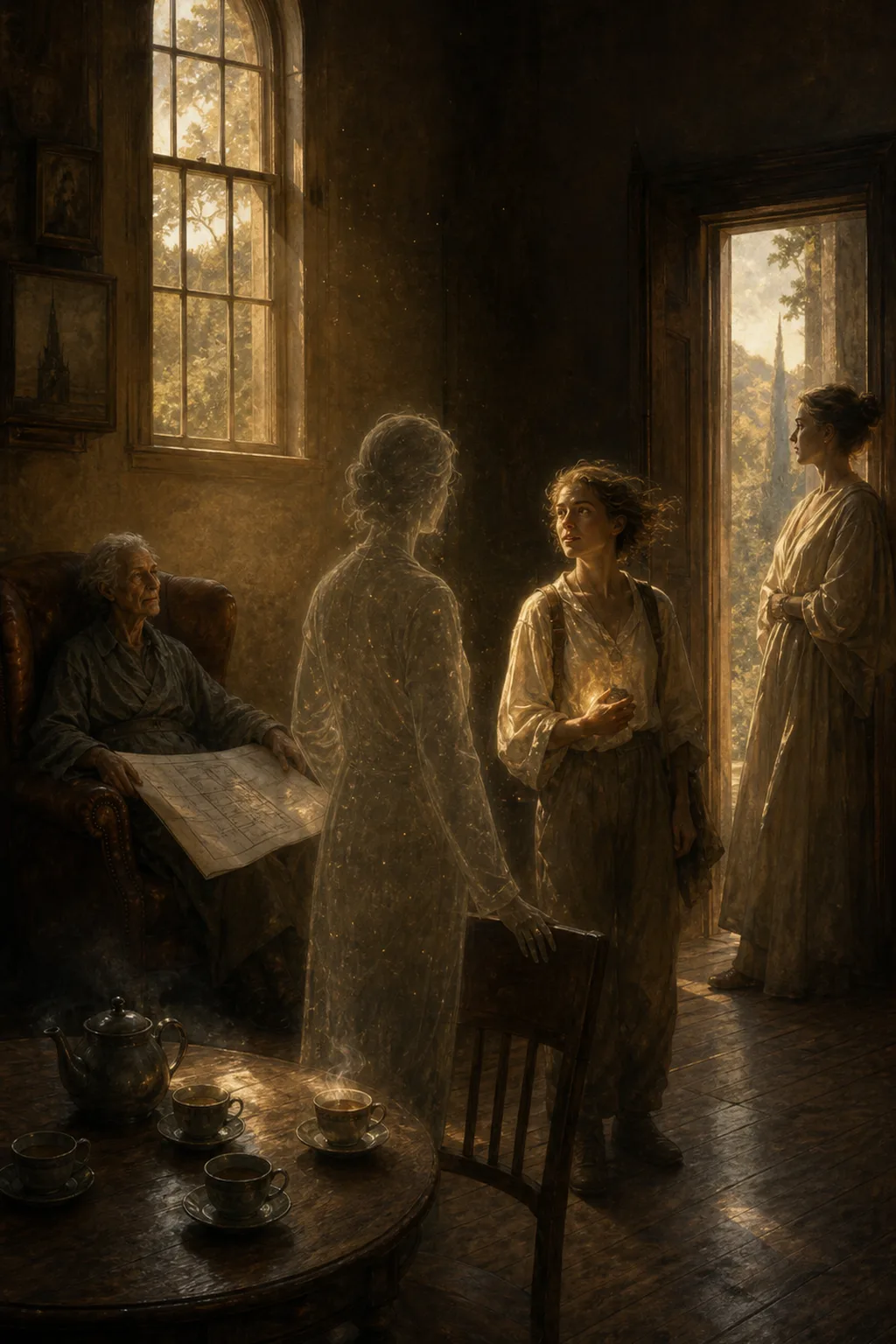 A portrait-oriented painterly interior scene, warm and cinematic: a quiet wood-floored room with tall arched windows …
