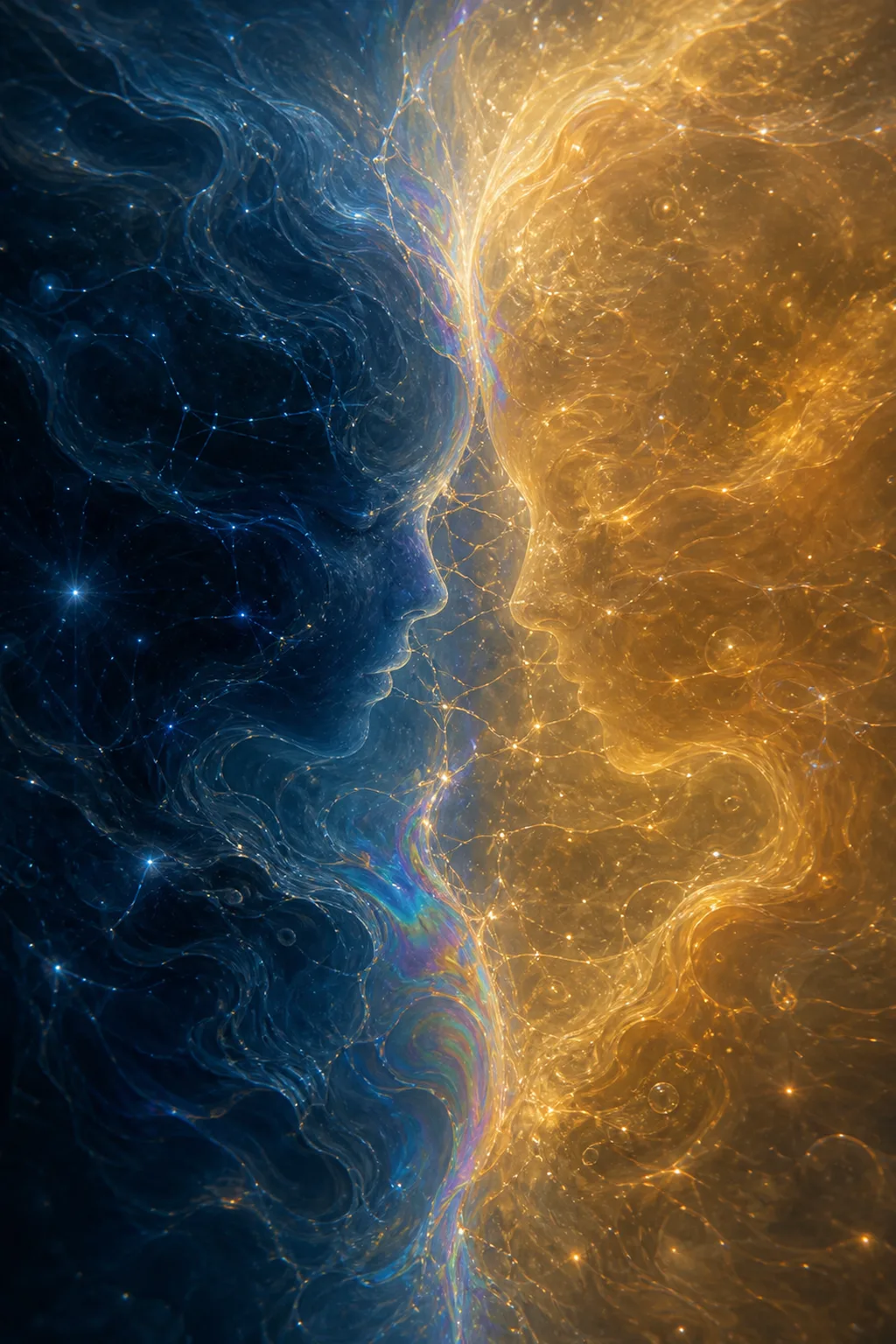 A vertical, portrait-oriented image. Two vast bodies of translucent liquid meet at a vertical seam down …