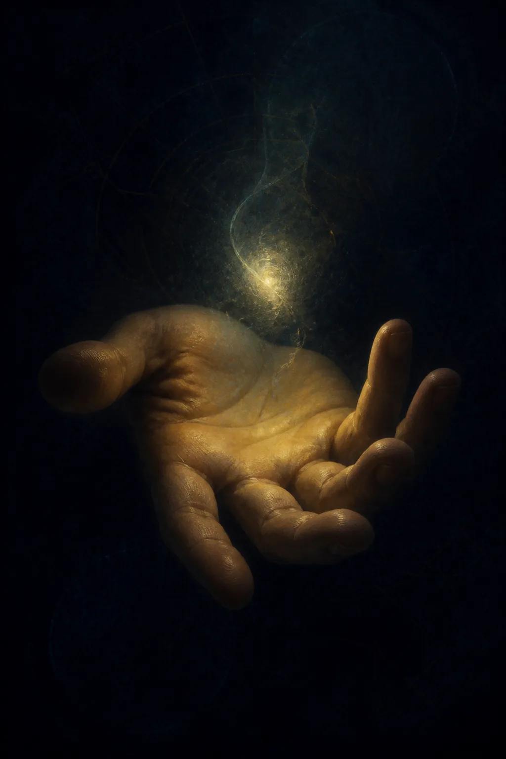 A close-up portrait-oriented image of a single open human hand emerging from deep indigo darkness, palm …