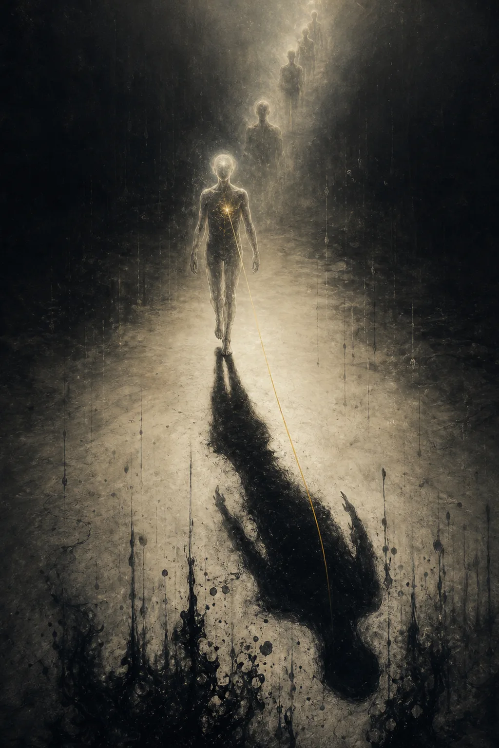A tall vertical composition in deep charcoal and bone-white. In the foreground, a translucent human silhouette …