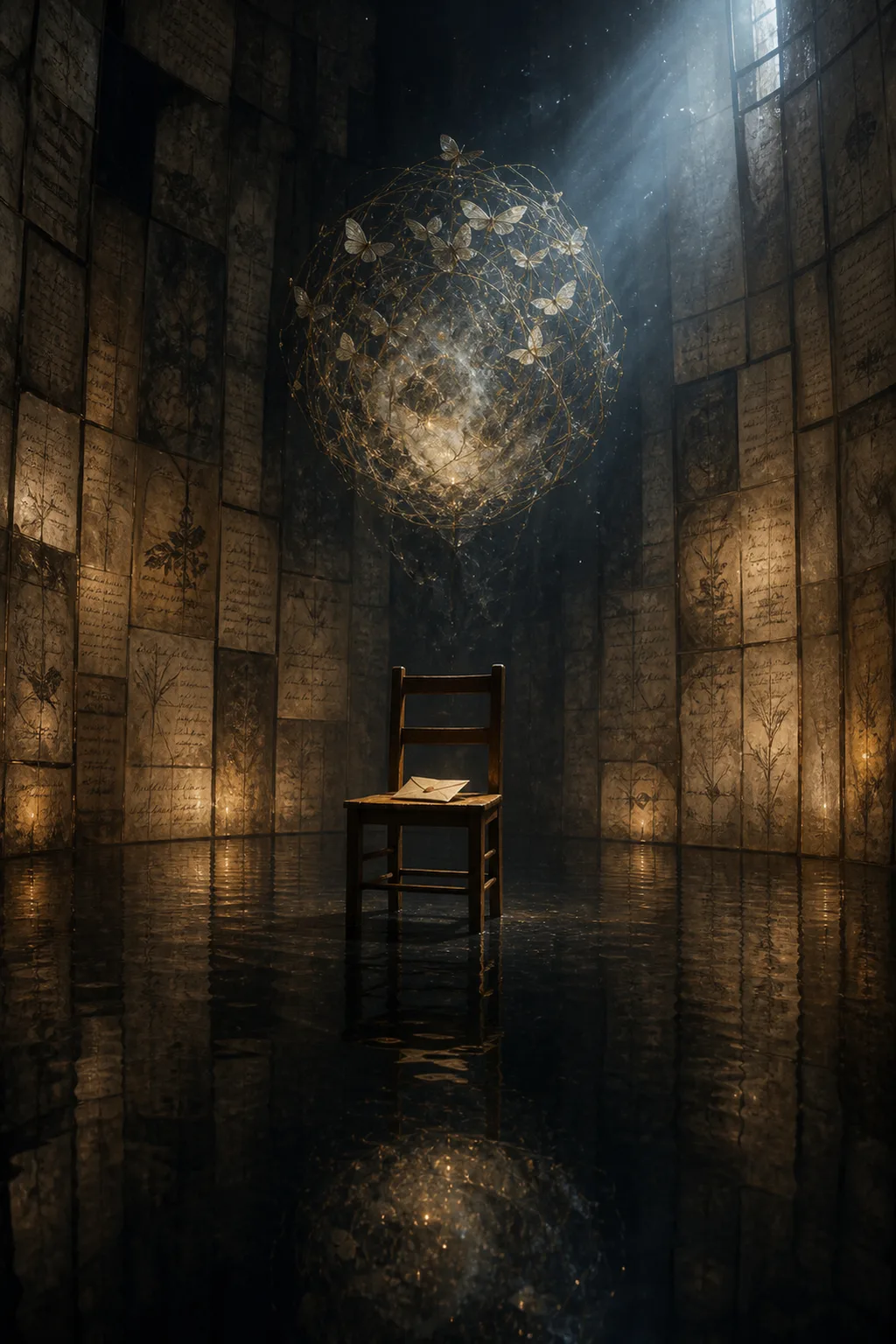 A portrait-oriented, dimly lit interior space that feels both intimate and vast — a small wooden …