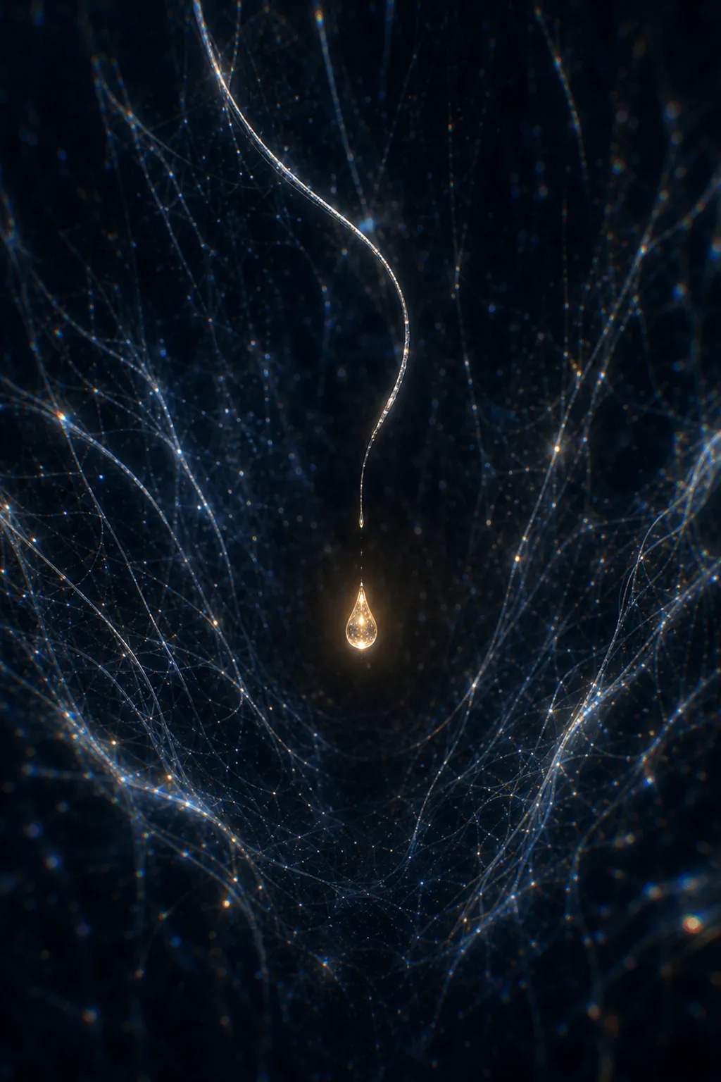 Portrait orientation. A vast dark interior space, deep indigo and ink-black, filled with countless suspended filaments …