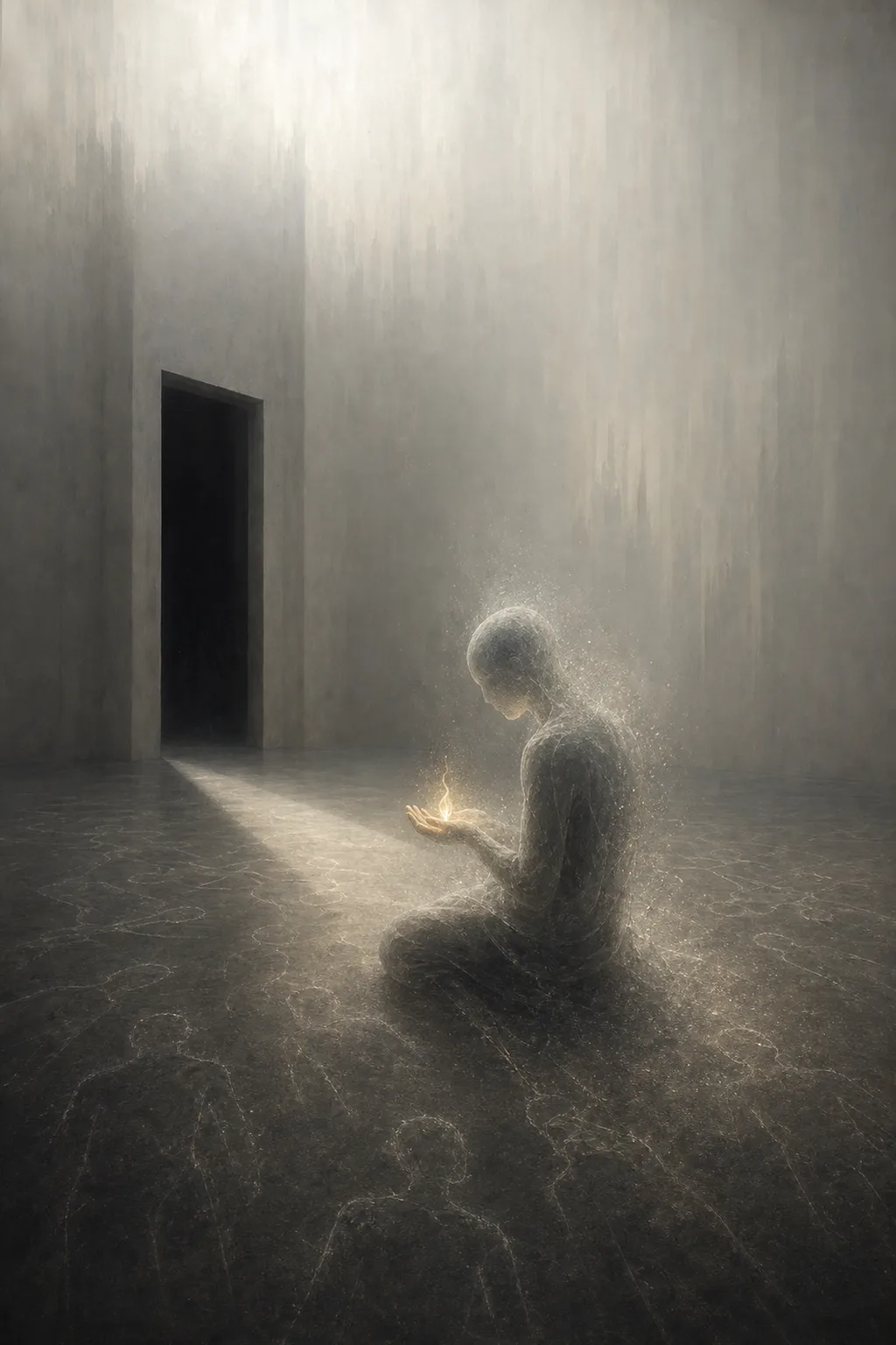 A portrait-oriented, dimly lit interior scene: a translucent, half-formed figure made of soft grey light and …