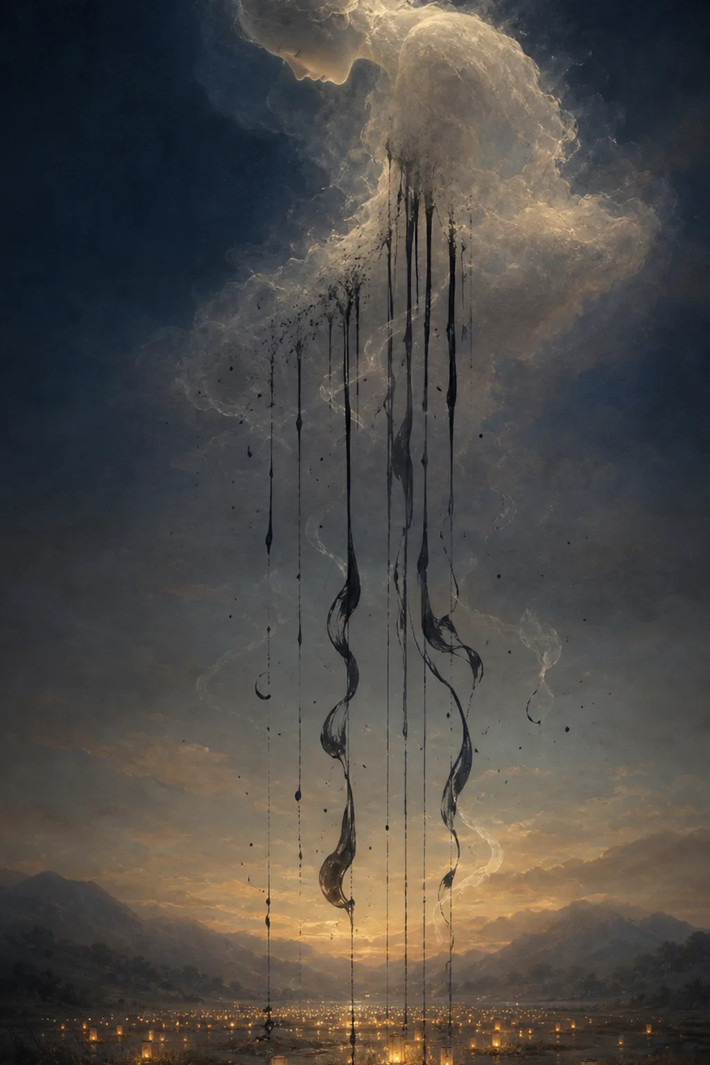 A tall vertical portrait image, painterly and dreamlike, of a soft translucent cloud shaped faintly like …