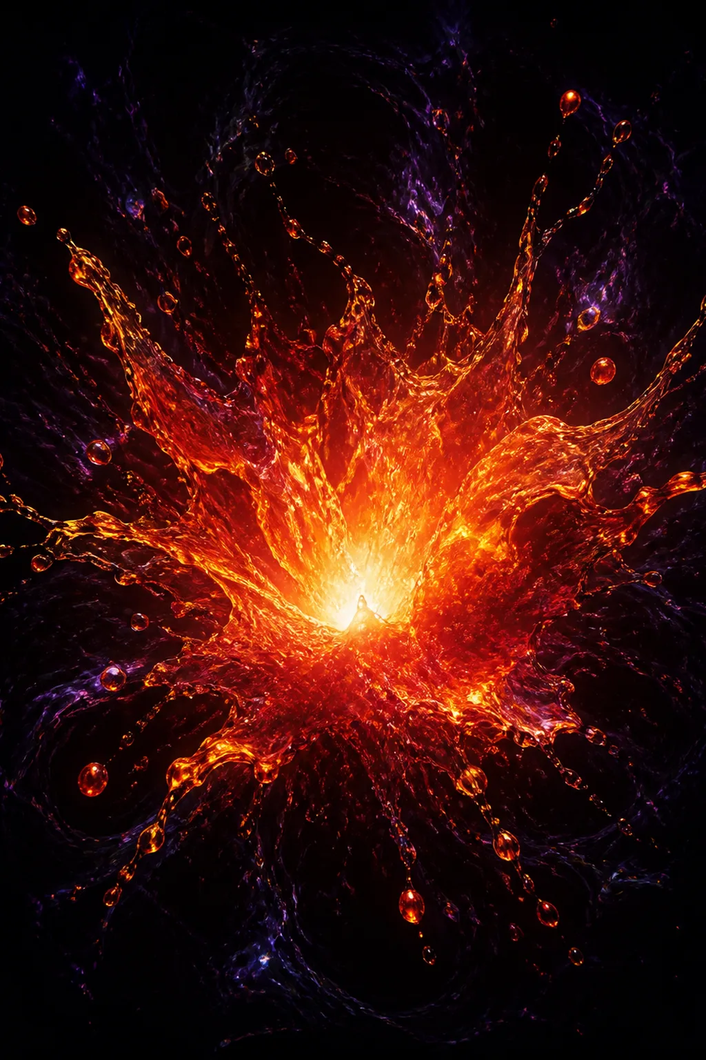 A vertical portrait-format image. In the center of a vast, silent black void, a raw burst …