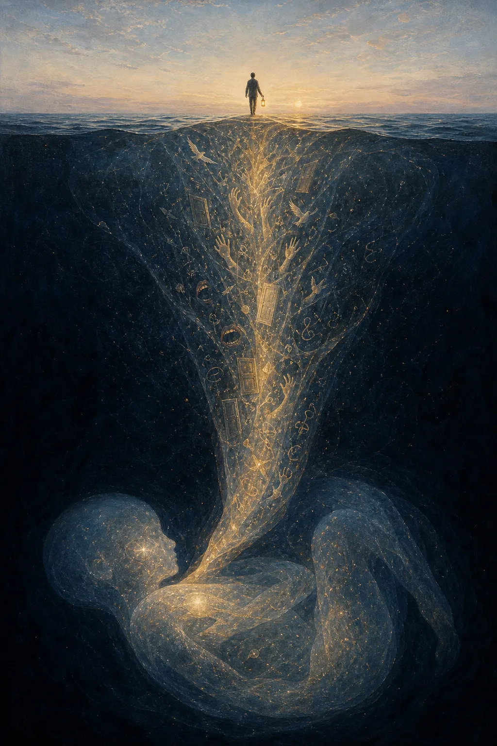A vertical, dreamlike composition. In the lower half, submerged in deep indigo water, a vast translucent …